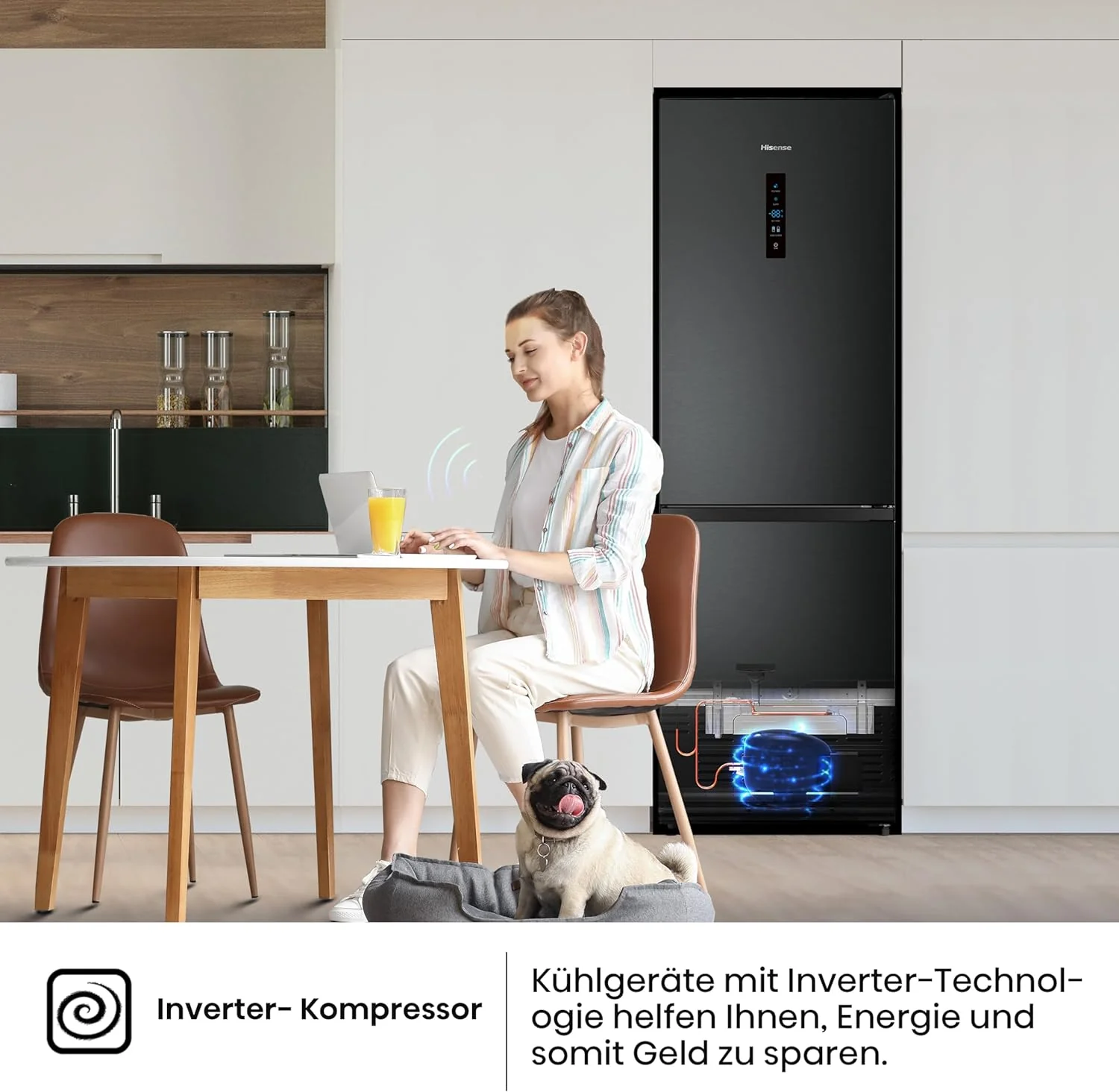 Hisense RB327N4ADD Koelvriescombinatie, EEK D, Total NoFrost, Verwisselbare Deurscharnieren, Flessenrek, 171 Liter Koelgedeelte, 85 Liter Vriesgedeelte, Roestvrijstalen look