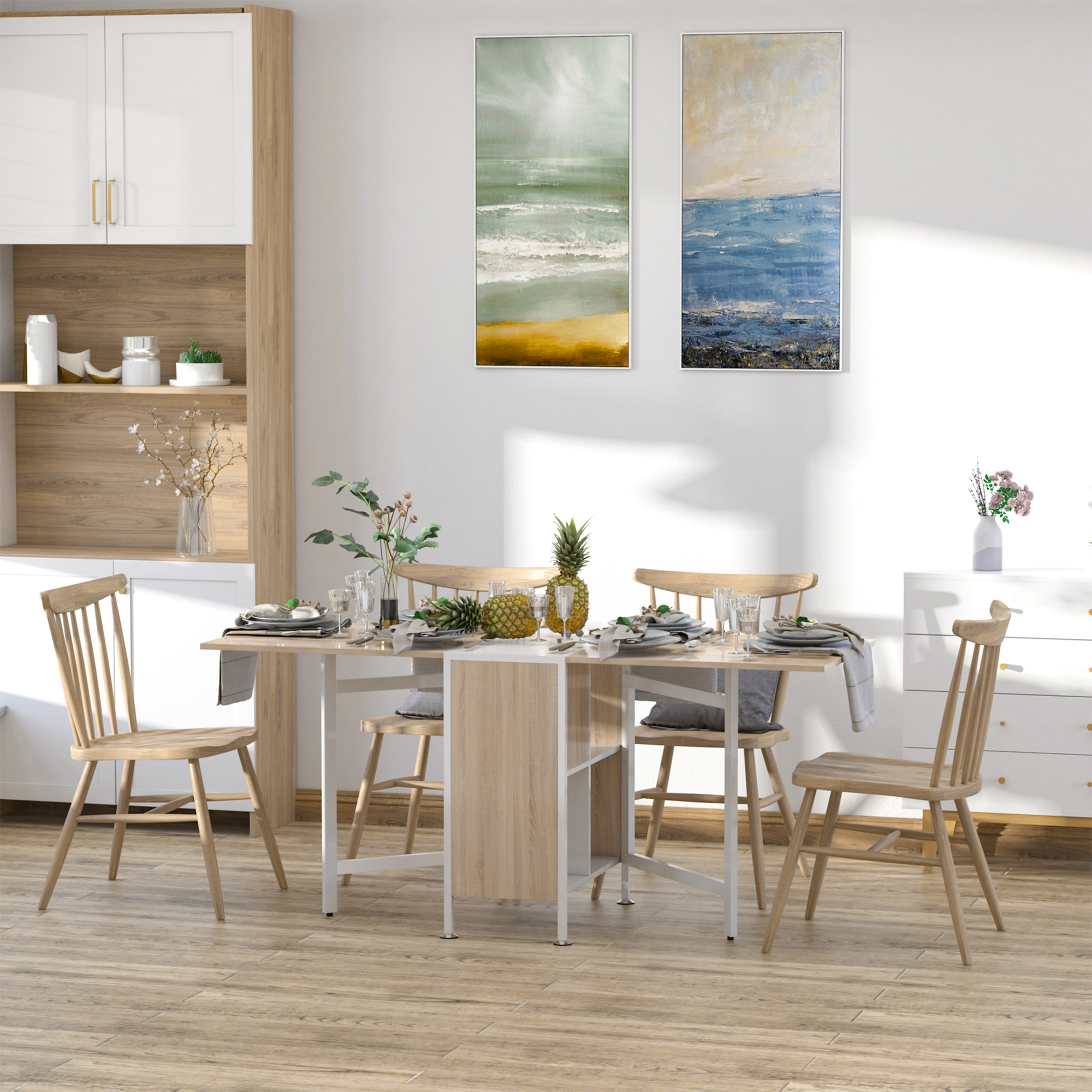 HOMCOM Klapptisch Esstisch Beistelltische Ablagefläche für Wohnzimmer Küche Eiche Holz Metallrahmen Natur+Weiß 169 x 60 x 75 cm