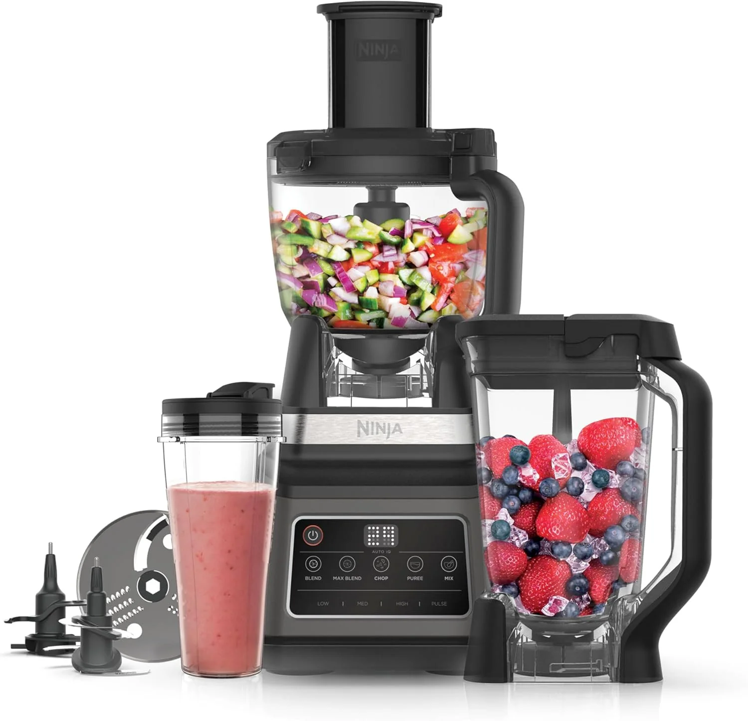 Ninja 3-in-1 keukenmachine & blender met 5 programma's: Blenden, Max Blenden, Hakken, Mengen, Pur��ren, 1,8L kom, 2,1L kan, 700ml beker, 1200W, vaatwasmachinebestendig, Auto-iQ, Zwart BN800EU