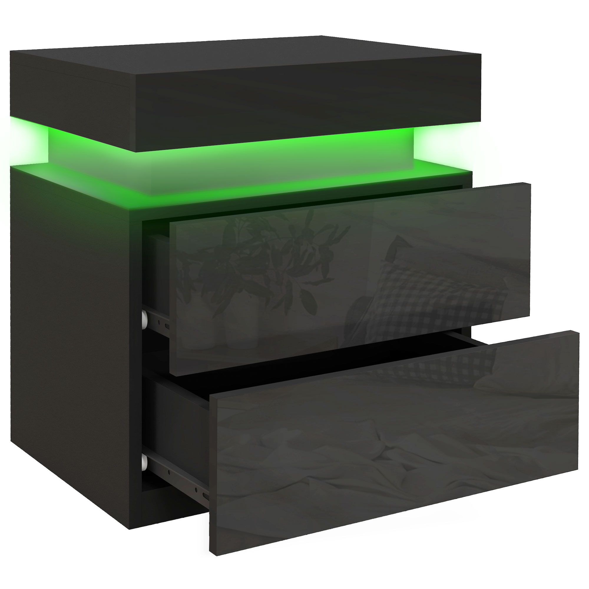 HOMCOM Nachttisch Nachttisch RGB-LED-Licht hochglänzende Frontplatte mit 2 Schubladen für Wohnzimmer Schlafzimmer Schwarz