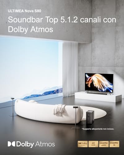 ULTIMEA 5.1.2 Soundbar compatibile con Dolby Atmos, sistema audio surround home theater, subwoofer wireless da 8", soundbar per TV, 2 driver rivolti verso l'alto, 4K HDR, Nova S80 (altoparlanti : Elettronica