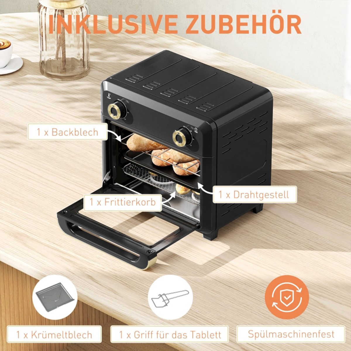 Minibackofen Minibackofen mit Umluft und Timer 10L Heißluftfritteuse