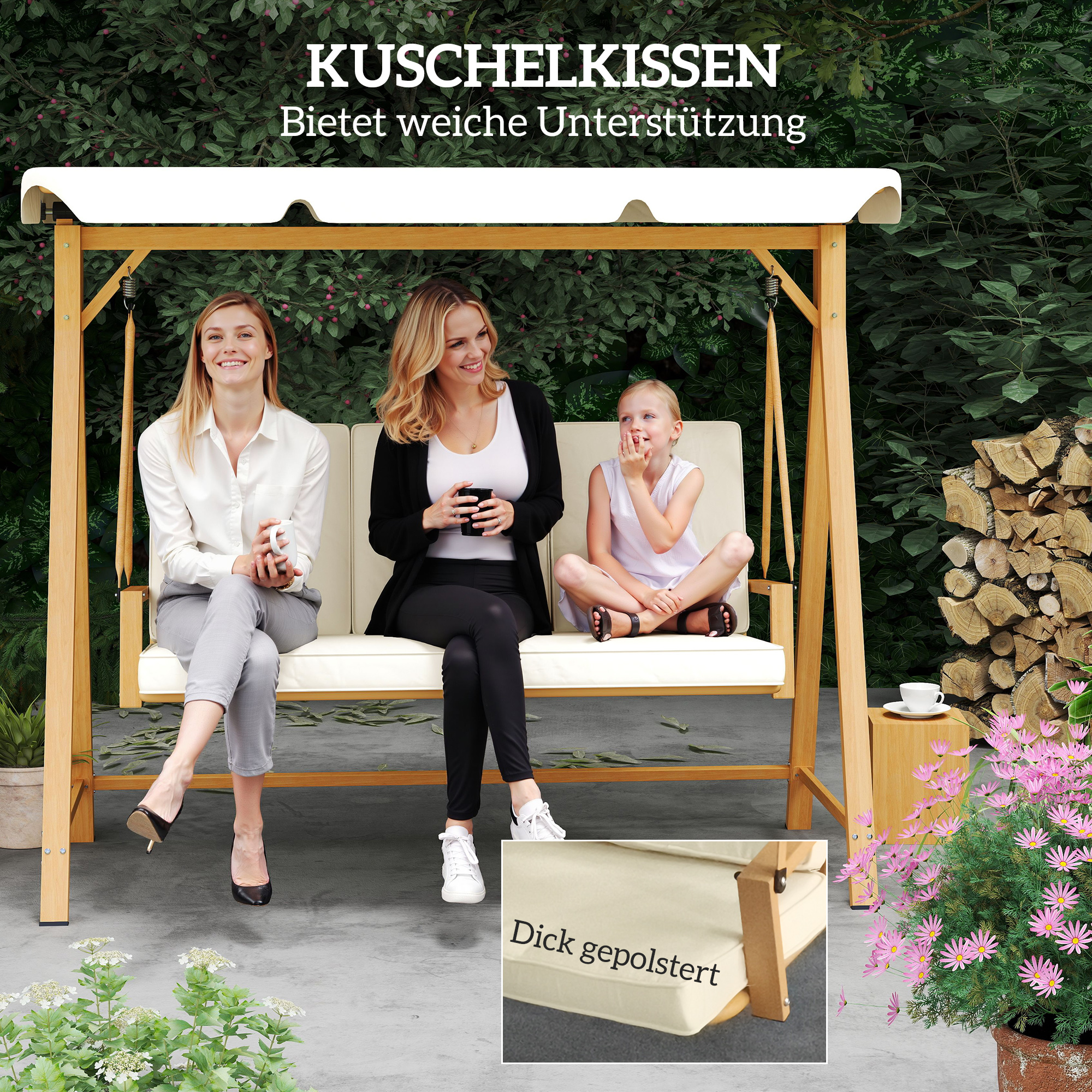 Outsunny Tuinschommel met Verstelbaar Zonnedak en Gewatteerde Zitting, 3-zits tot 330kg, 198 x 120 x 170cm, Beige