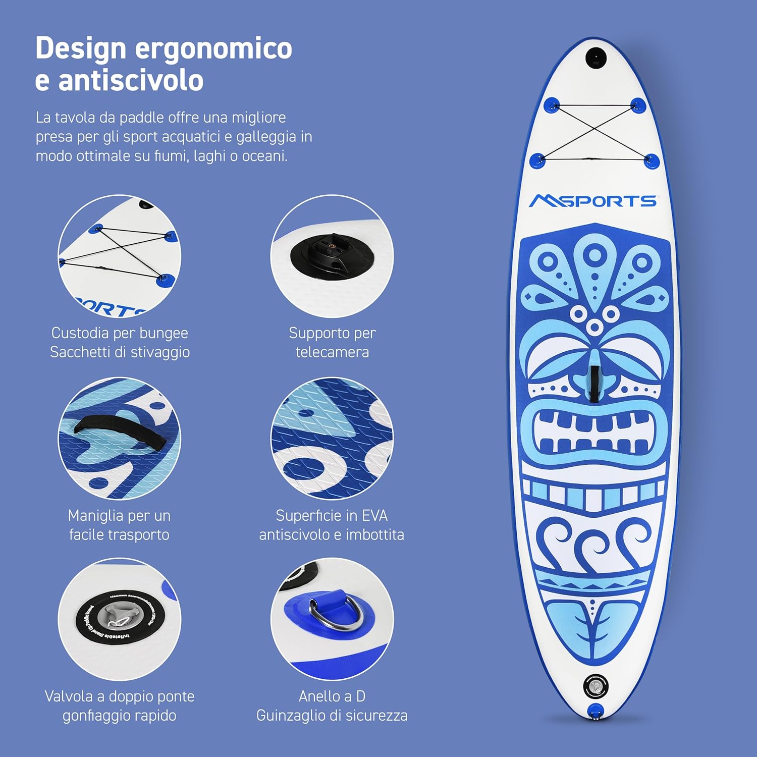 MSPORTS Stand Up Paddle Board gonfiabile completo paddleboard accessori pagaia regolabile, pompa di alta qualità + 2 bastoncini + custodia impermeabile per smartphone + borsa multifunzione