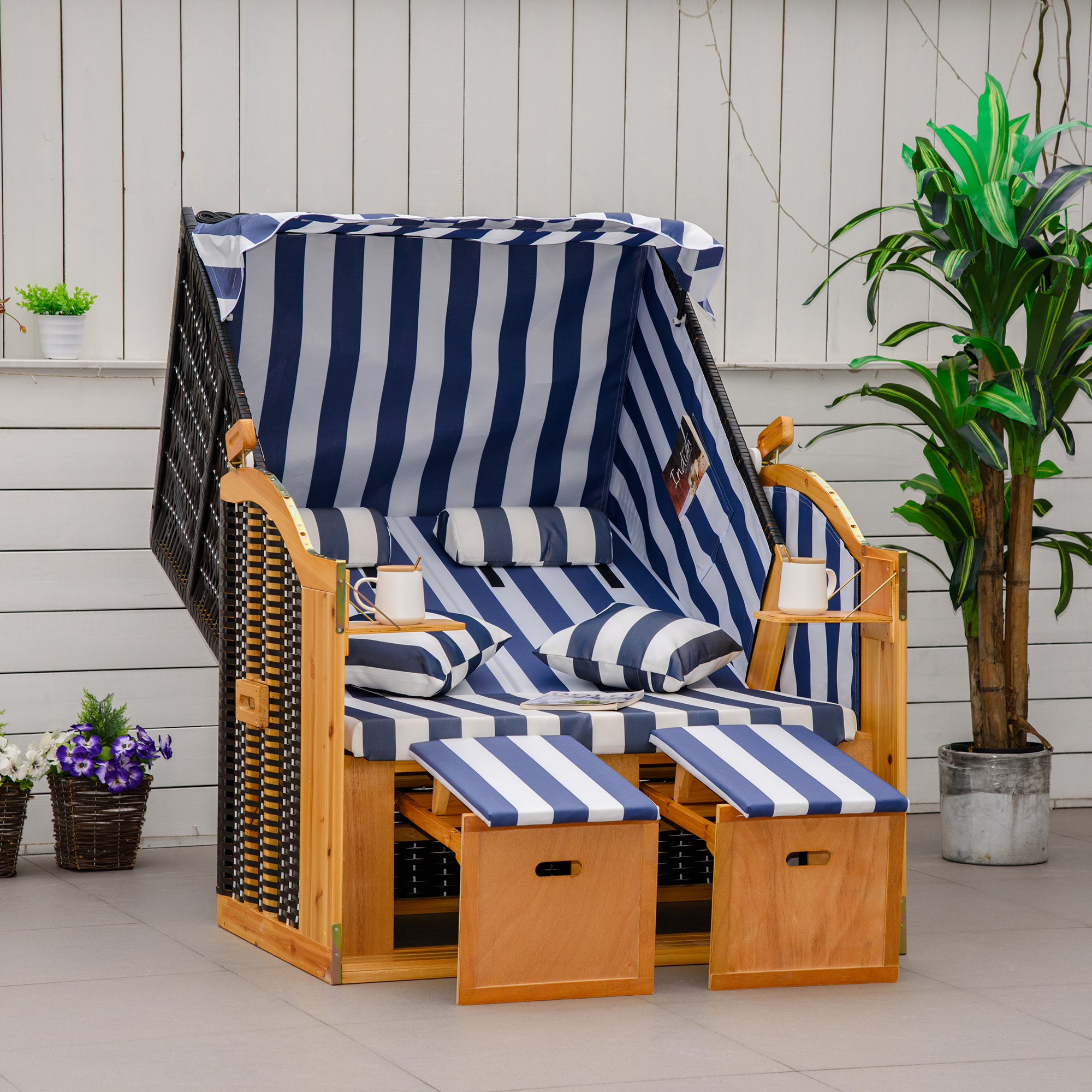 Outsunny Strandkorb, doppelte Sonnenliege mit Dach, inkl. 1Klapptisch, Blau