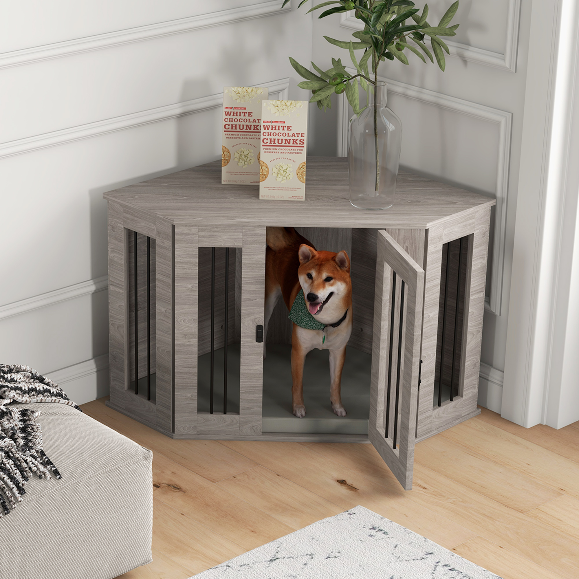 PawHut Hundebox, Hundekäfig, Eckdesign, inkl. Verriegelung, 1 Liegekissen, 104 x 55 x 63 cm, Braun