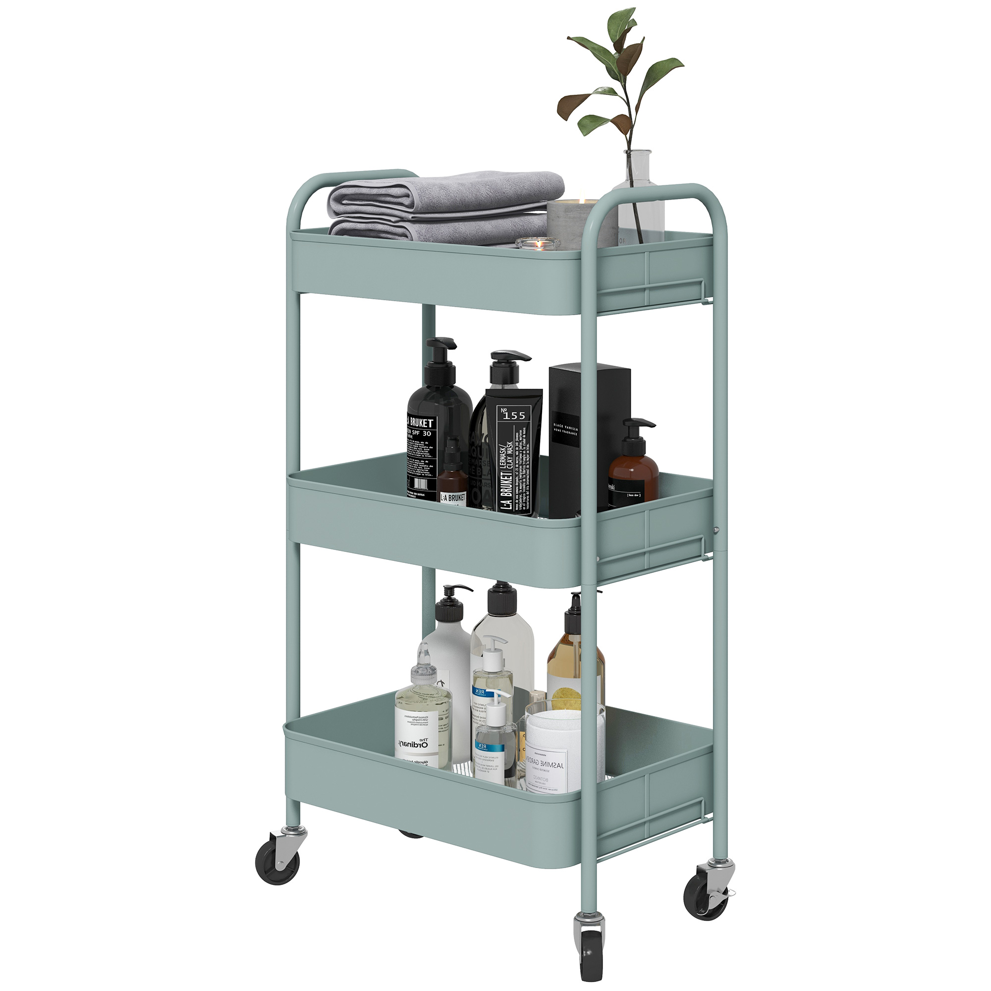 HOMCOM Rollwagen aus Stahl mit durchbrochenen Platten, Rollwagen mit 3 Ebenen 45 x 30,6 x 79 cm Hellblau