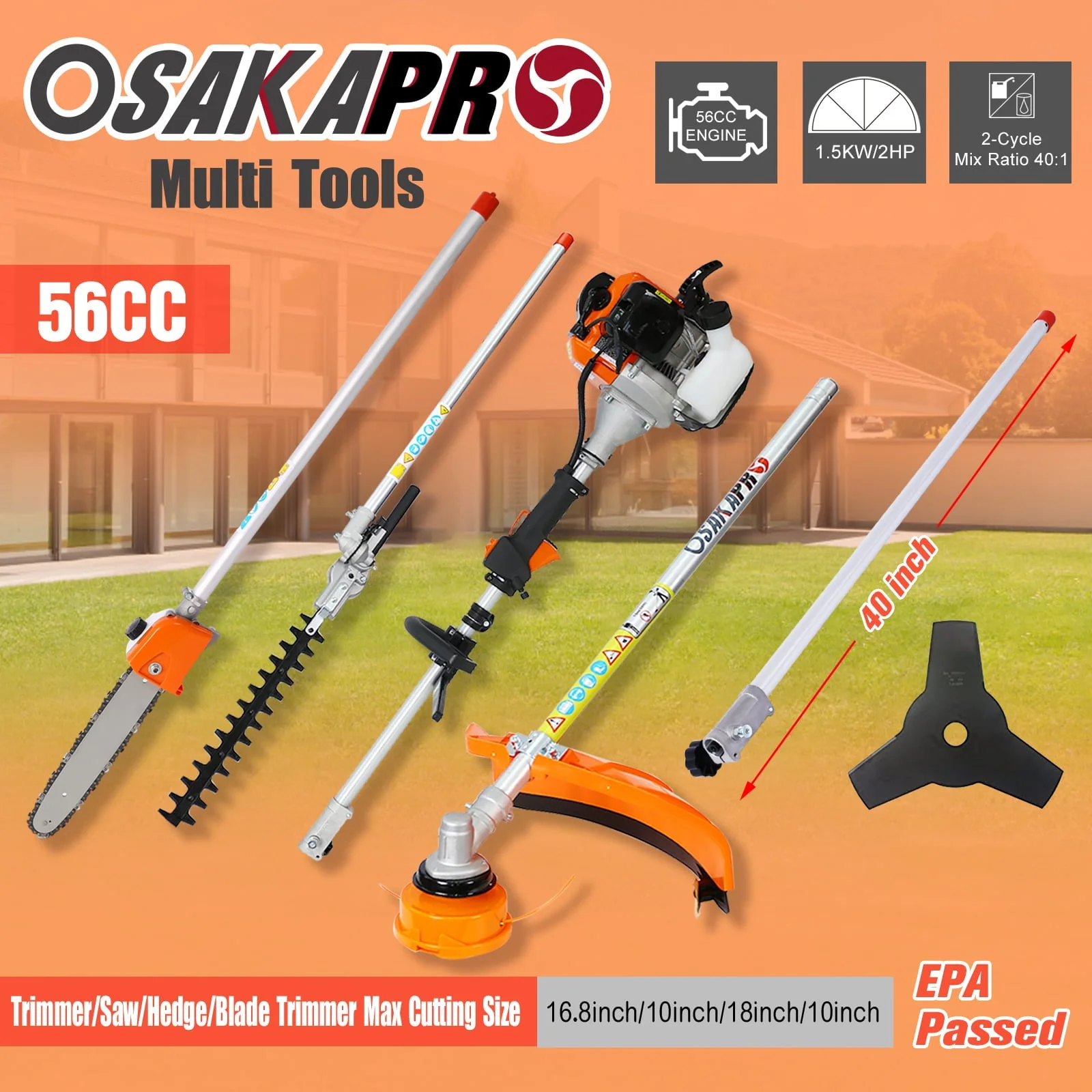 EastVita Multi-Functional Trimming Tool with String Trimmer Brush Cutter Pole Saw Full Crank Shaft Design 56CC 2-Cycle Garden Tool