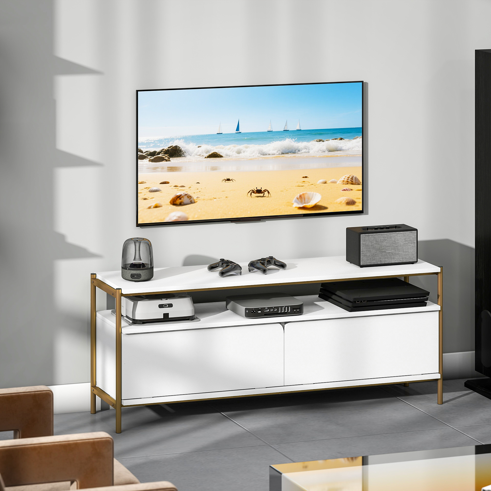 HOMCOM TV-Möbel TV-Rack für Fernseher bis 55 Zoll mit 2 Klappentüren und offenem Regal, 124x35x50cm, Weiß