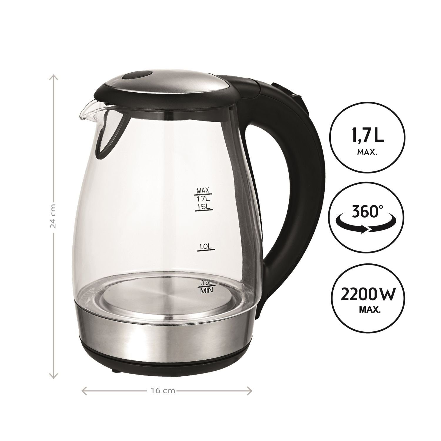 Wasserkocher Glas Wasserkocher, 1,7 L, Kalkfilter, 2200W, LED Innenbeleuchtung