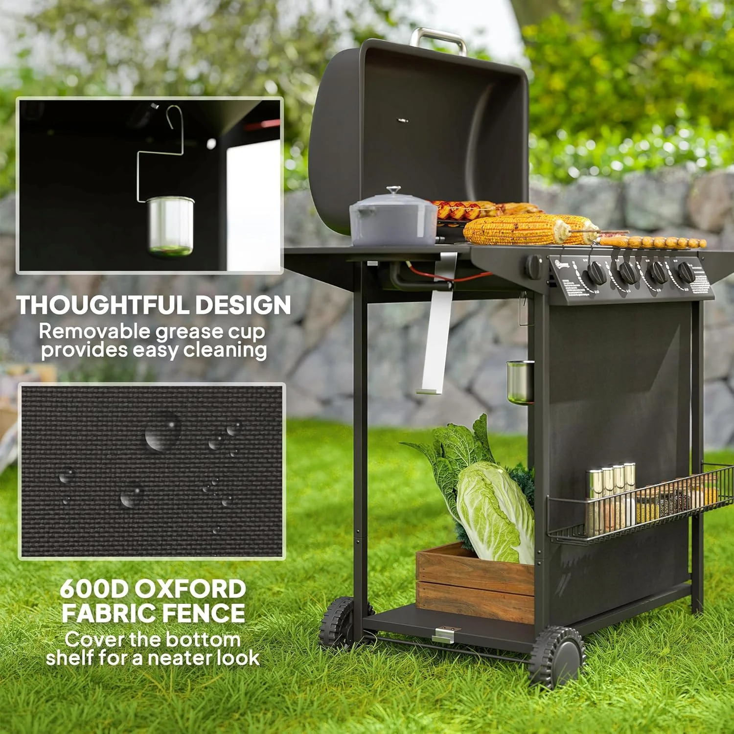 4+1 Burner Propane Gas BBQ Grill, Portable Gas Barbecue Grill with Side Burner, Thermometer, Lid, Side Table, Shelf, Spice Rack, Wheels, Grease Cup for Garden, Black