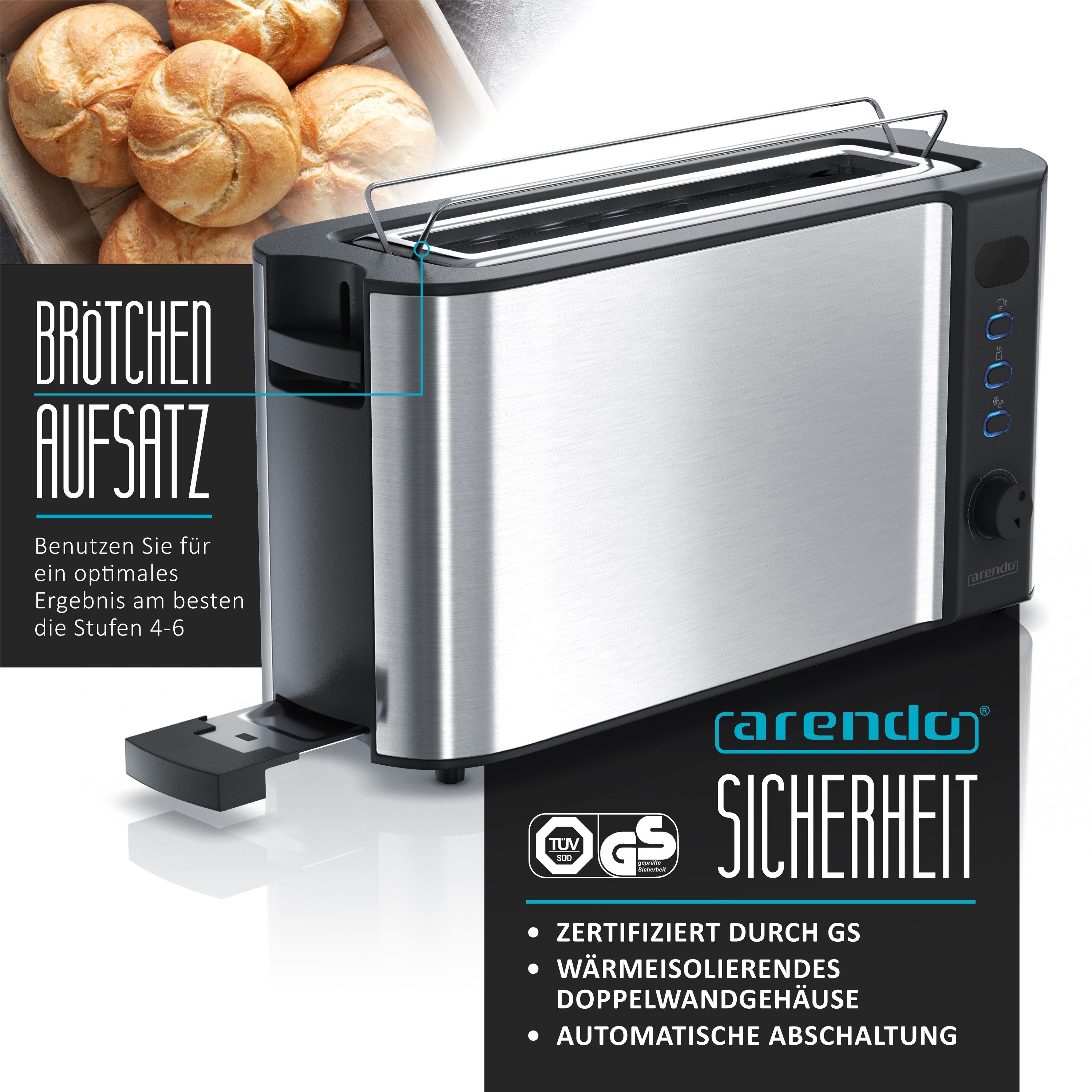 Toaster Langschlitz, Edelstahl, Display mit Restzeitanzeige, Brötchenaufsatz
