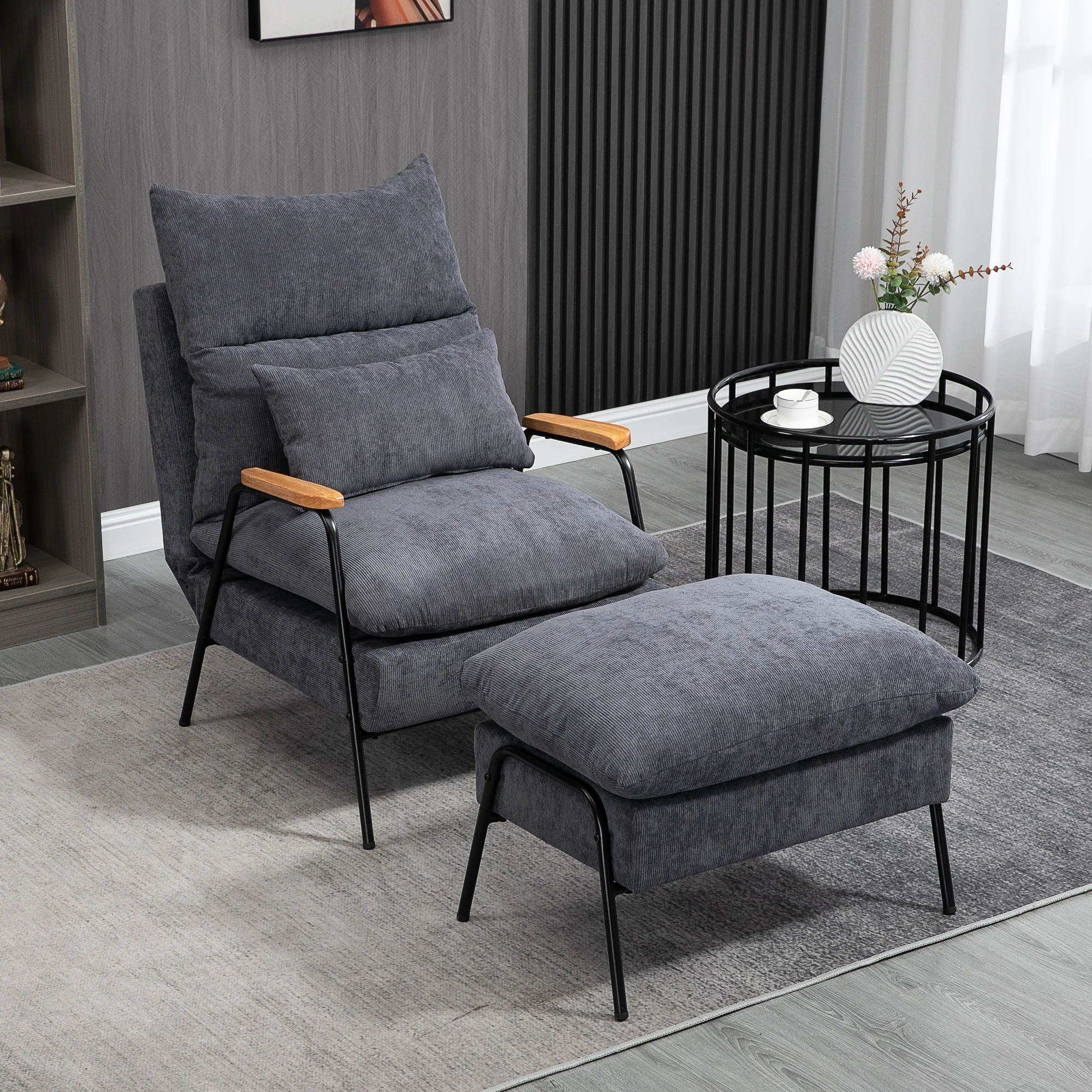 HOMCOM Relaxsessel mit Hocker verstellbare Rückenlehne Set Cord Grau