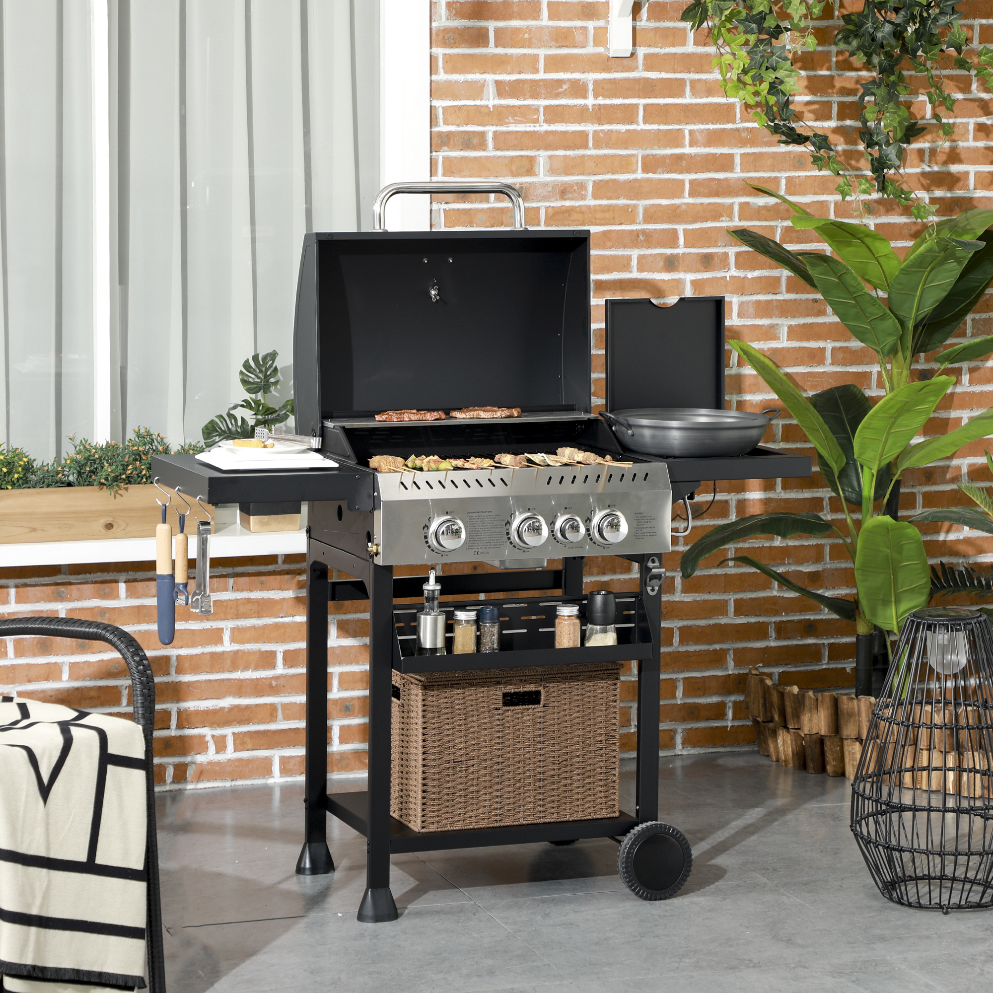 Outsunny Gasgrill, BBQ-Grill, 4 Hauptbrenner, 1 Seitenkocher, 1 Warmhalteplatte; 123 x 52 x 101cm, Schwarz
