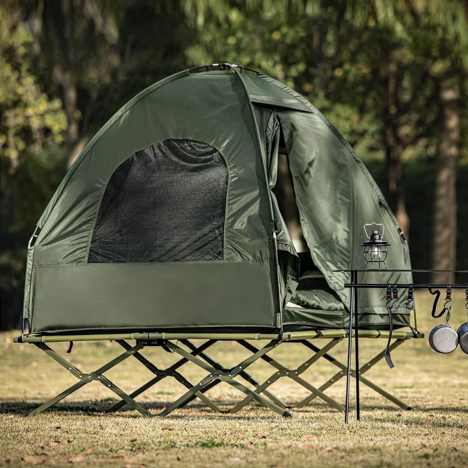 4in1-Zelt Fr 2 Personen Wurfzelt Feldbett Mit Campingliege Grn