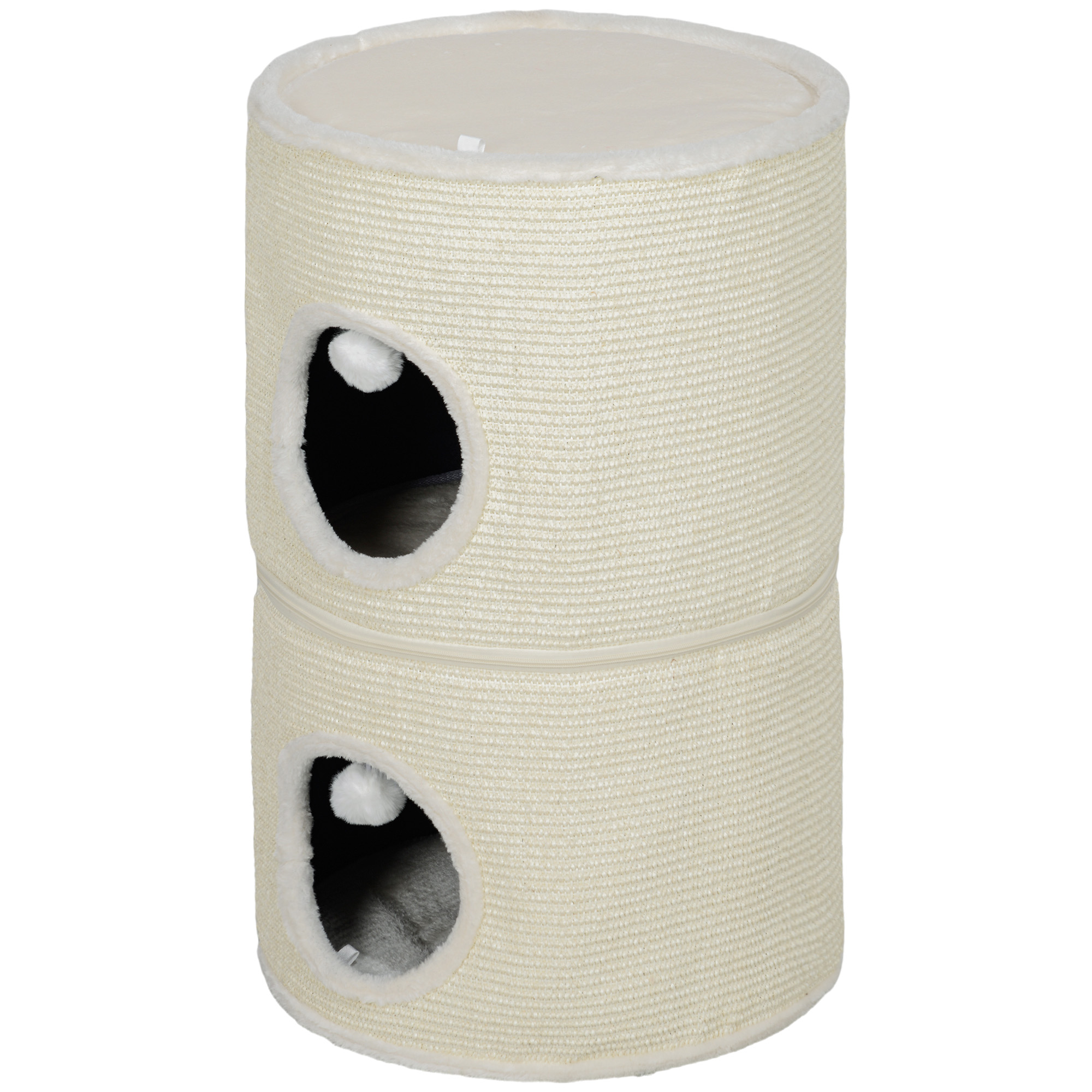 PawHut Kratztonne, 3 Ebenen, mit Kissen, Kratzmatte, Spielbällen, Katzenhaus für Innenbereich, Cremeweiß