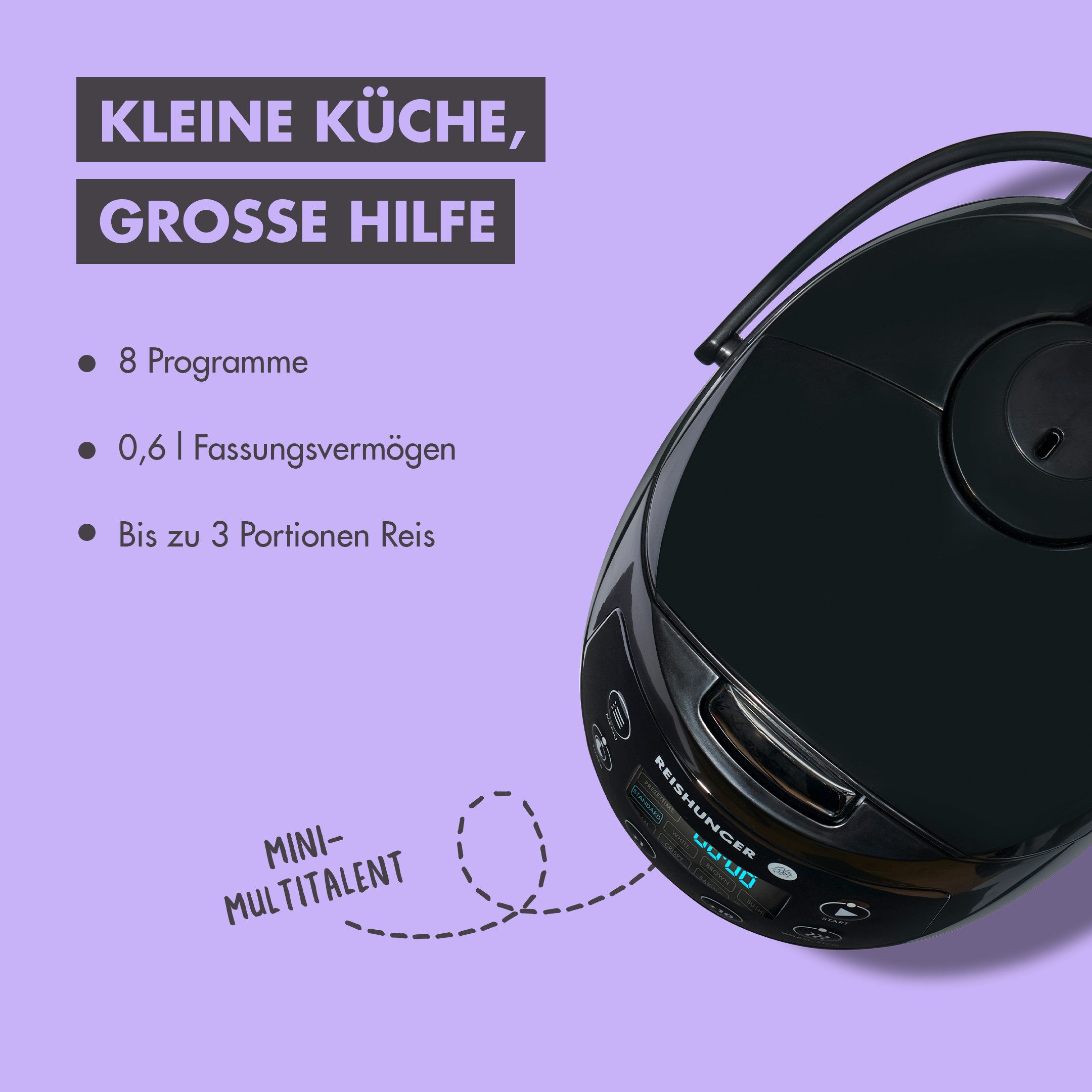 Reiskocher REISHUNGER Mini digitaler Reiskocher, 0,6 L, schwarz – Kennenlernset