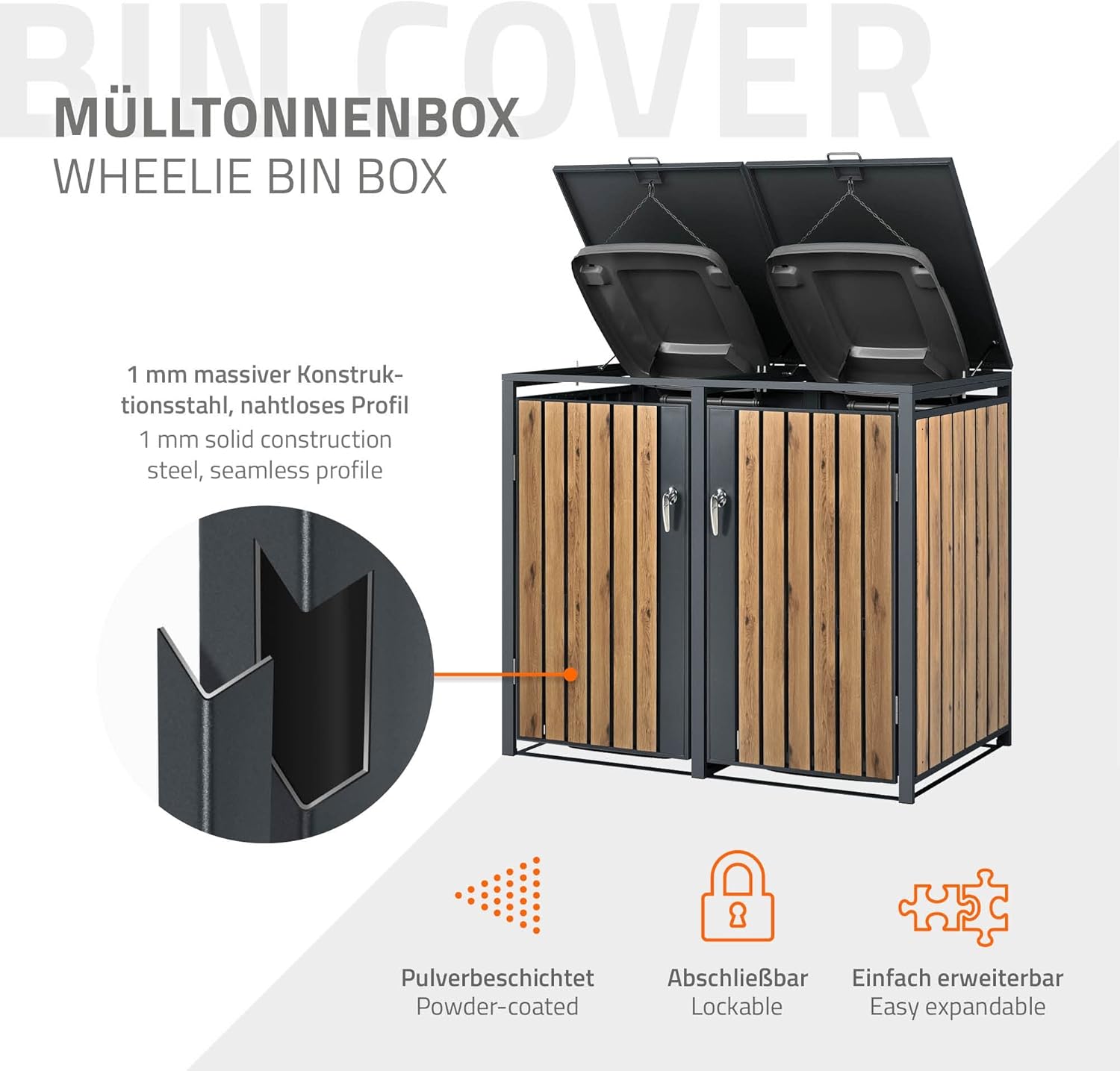 ML-Design Mülltonnenbox 4er 4 Tonnen 240L 264x80x116,3cm Anthrazit-Holzoptik, Stahl, wetterfest/abschließbar Mülltonnenverkleidung Klappdeckel/4 Türen, Müllbox Mülltonnecontainer Mülltonnenabdeckung