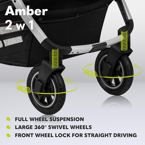 LIONELO Amber Passeggino 2in1 Duo Passeggino da 0 a 48mesi con Seduta secchiello   Navicella per neonato e bambini a 22kg Regolabile, pieghevole e leggero Ruote grandi Cappotina XXL (NeroArgento, Big) : Prima infanzia