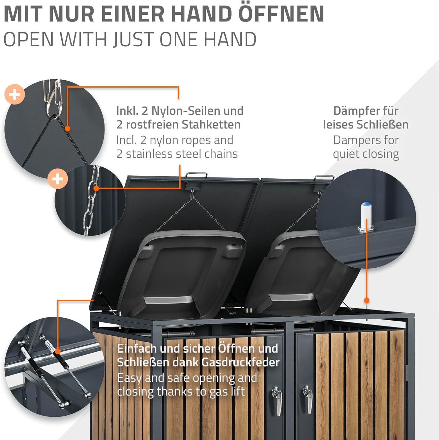 ML-Design Mülltonnenbox 4er 4 Tonnen 240L 264x80x116,3cm Anthrazit-Holzoptik, Stahl, wetterfest/abschließbar Mülltonnenverkleidung Klappdeckel/4 Türen, Müllbox Mülltonnecontainer Mülltonnenabdeckung