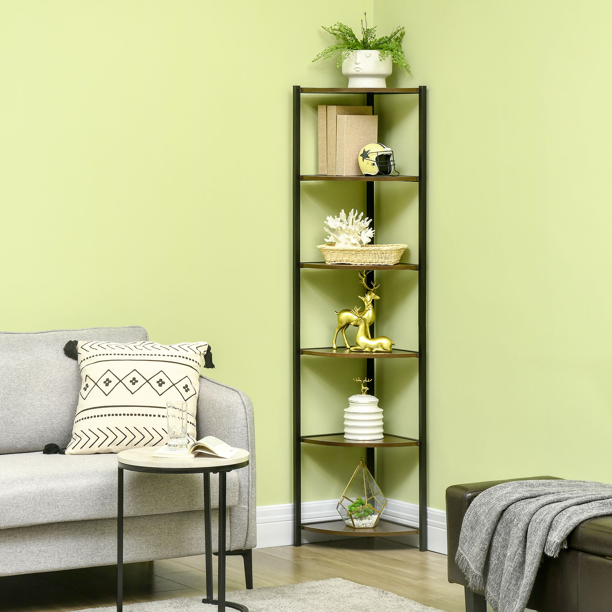 HOMCOM Etagere Ecke 5 Ebenen Eckregal Metallrahmen Industriestil - 34 x 34 x 166 cm Braun Schwarz