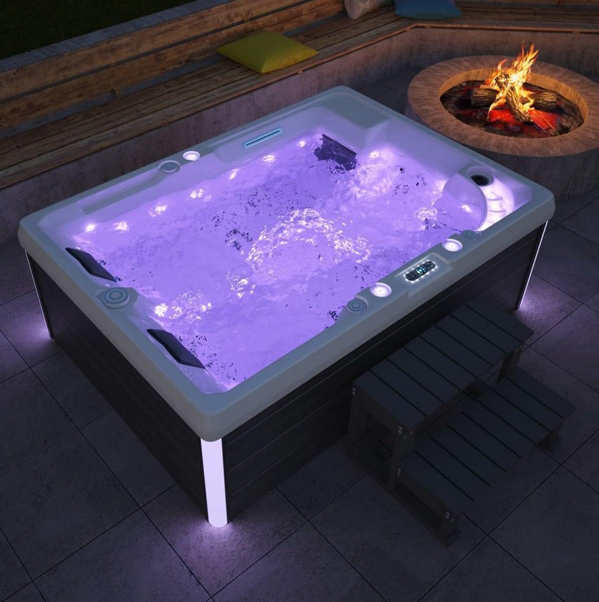 Luxus Outdoor Whirlpool Hot Tub Etna 210x150 cm – Weiß – 36 Massagedüsen, Heizung, Ozon, LED, Wasserfall – Inkl. Einstiegstreppe – Spa für 2–3 Personen – Garten & Terrasse
