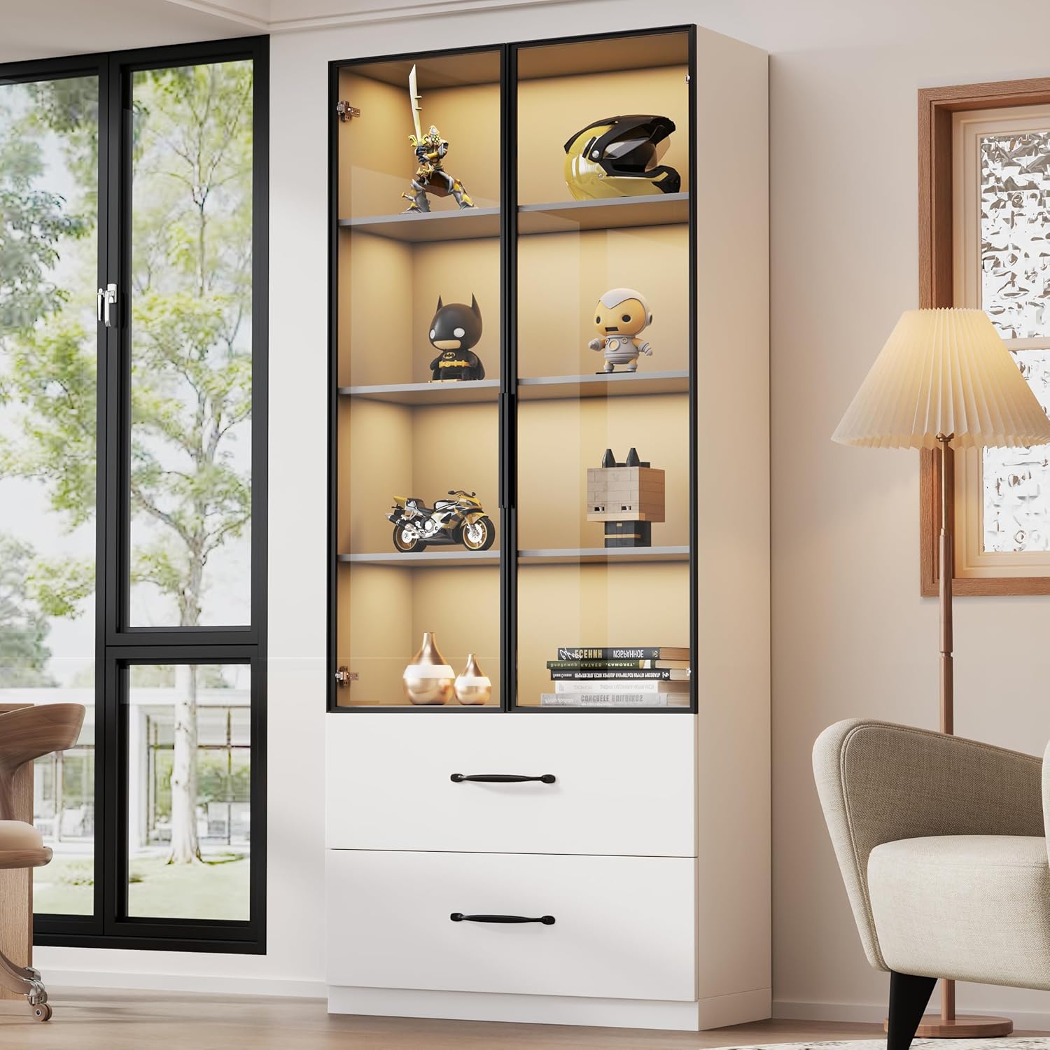 Vetrina LED 60 × 40 × 160 cm – vetrina in vetro, libreria e armadio multifunzione con illuminazione e cassetti, con telaio in alluminio, porte in vetro duro e cerniere a chiusura delicata, LED
