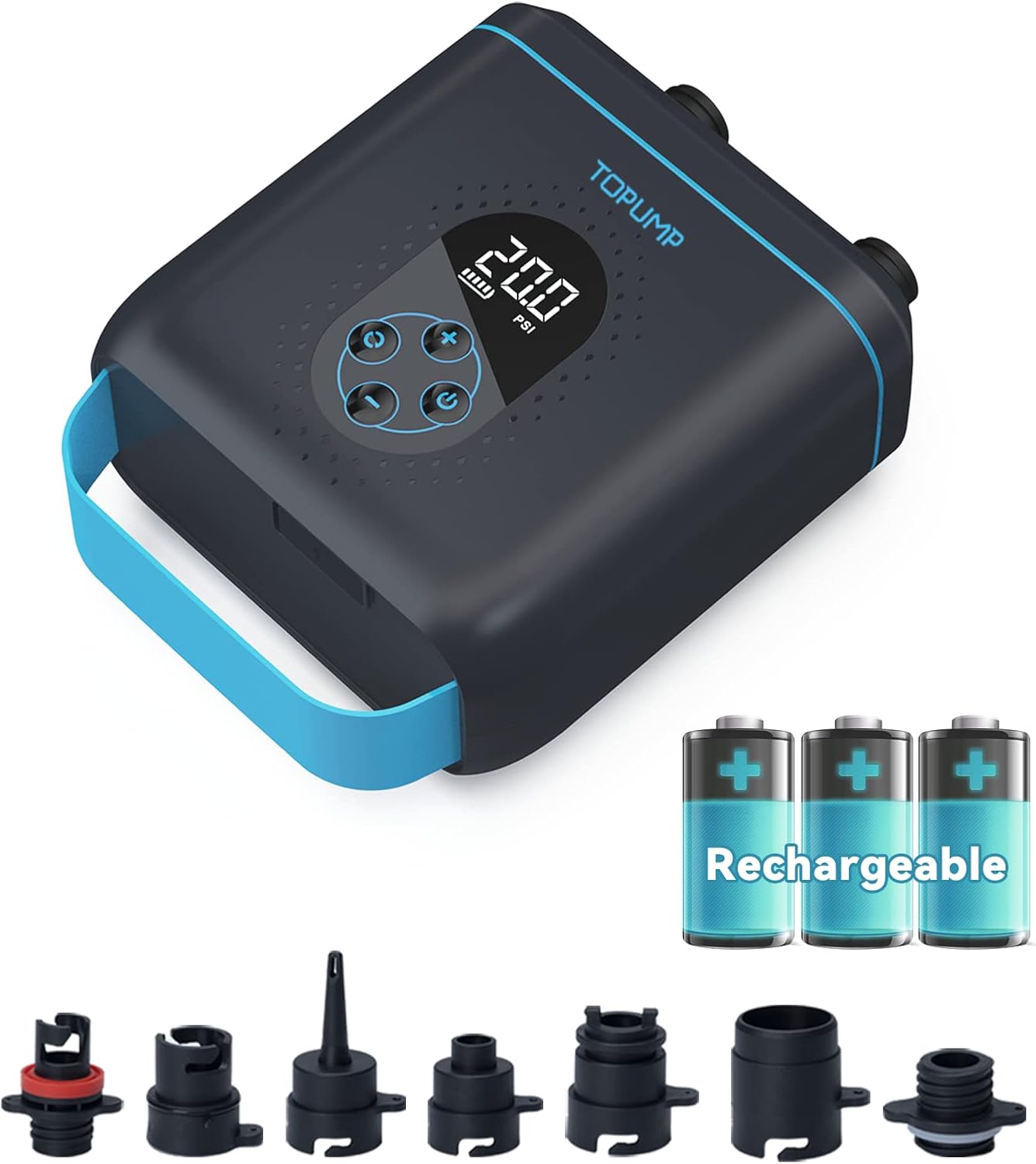 TOPUMP TPS260 Pompa SUP Ricaricabile, 20PSI Elettrica con Auto-Off, Gonfiaggio & Sgonfiaggio Doppio Stadio, Type-C per Paddle Board, Kayak, Ala & Aquilone, Tenda, Barca, Materasso