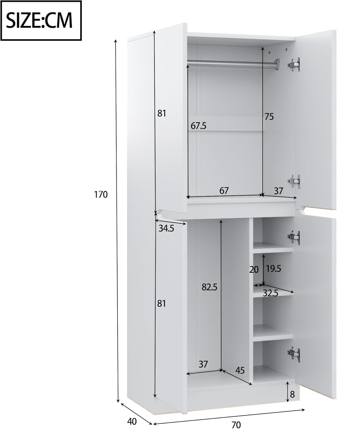 Wardrobe with 2 Doors, Wardrobe with Small Storage Compartment and Clothes Rail, Floor Wardrobe 170 x 70 x 40 cm (H / W / L)