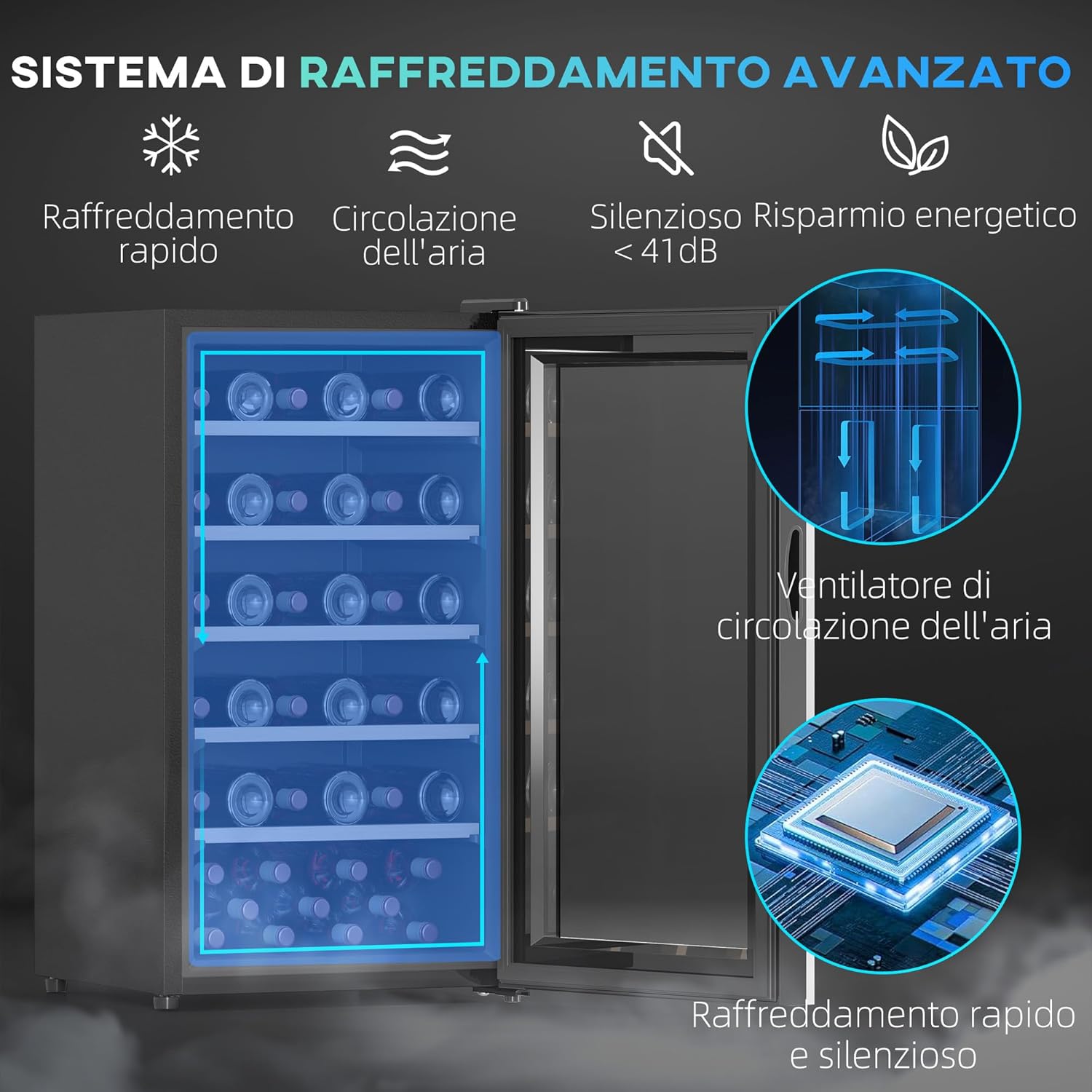 HOMCOM Cantinetta Vino Refrigerata 41 Bottiglie 91L Cantina Vino Silenziosa Temperatura Regolabile 5-20℃ Frigo Vino Bar con Vetro Anti UV, Ripiani, Compressore, Display Touch, Luci LED, Classe G, Nera