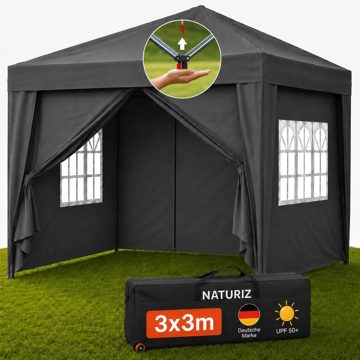 Naturiz Pavillon, Grau, 3x3 Wasserdicht Stabil und UV 50+ Schutz - Falt mit, Camping, Marktstand & Partyzelt