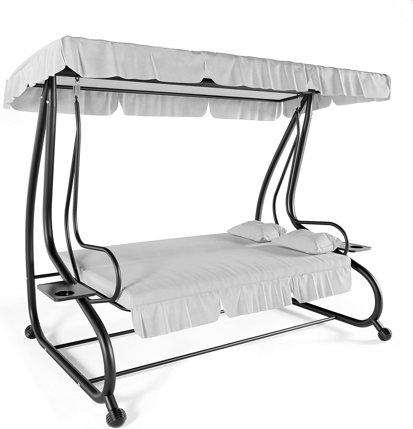 3-Seater Reclining Swing Chair with Padded Cushions Sun Shade Adjustable Canopy Becomes Bed Structure Sturdy Painted Steel Garden Outdoor Balcony Terrace Pool 200 x 120 x 160 cm Grey
