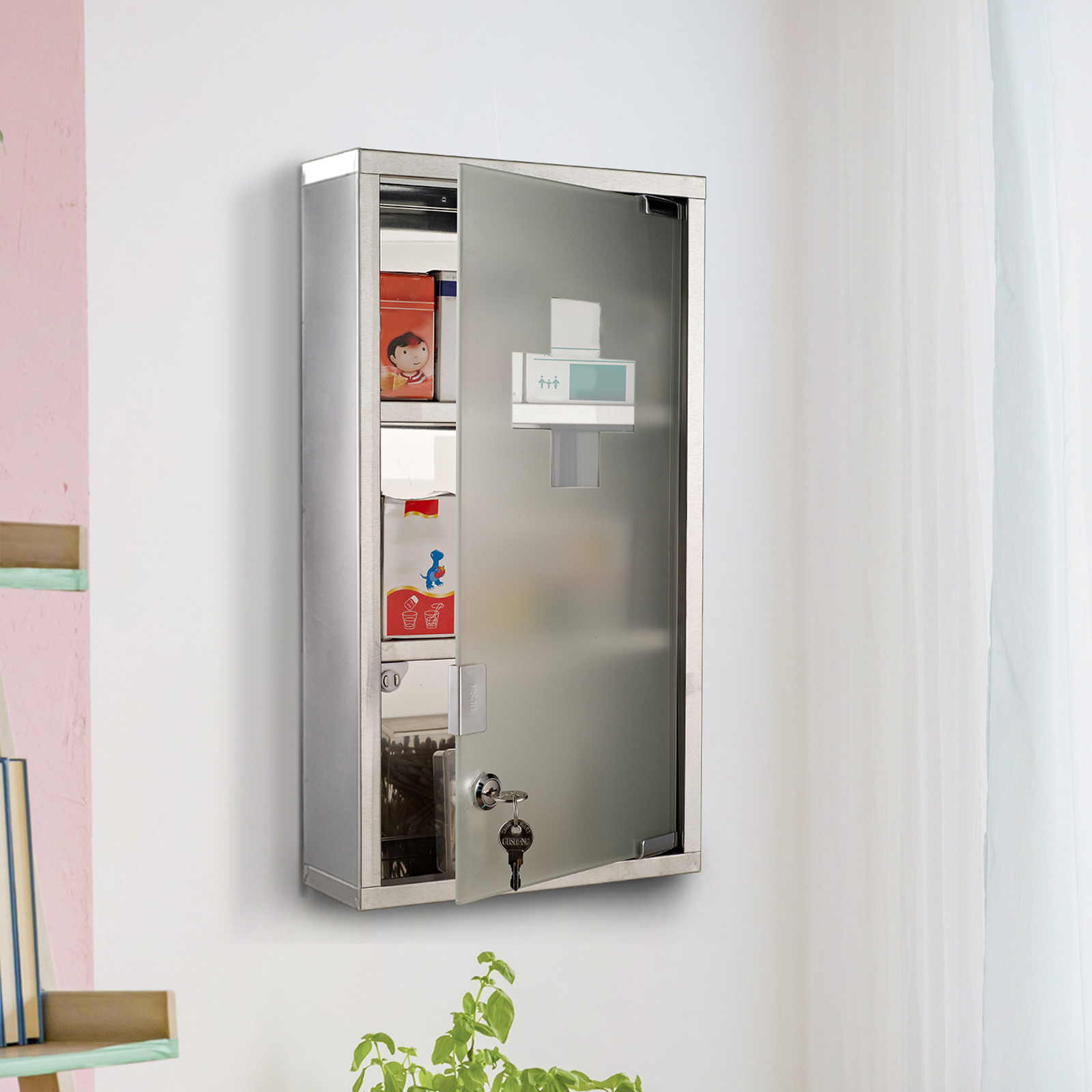 Medizinschrank Arzneischrank Erste-Hilfe-Schrank mit Schloss 3 Fächer Edelstahl Silber 25 x 12 x 48 cm