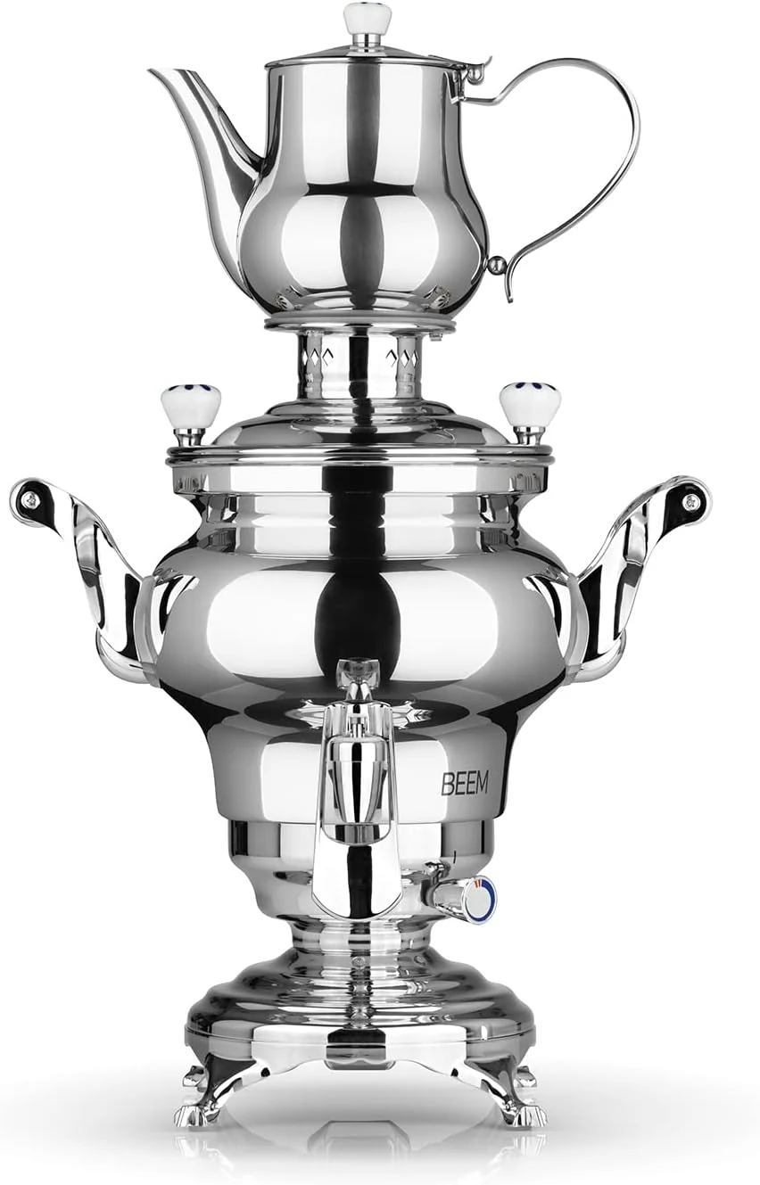BEEM Teemaschinen, 1800 W, 3 l, 1 l, Silber, ODESSA + Samowar -, Edelstahl, Türkischer Teekocher elektrisch, Edelstahl-Teekanne mit Sieb