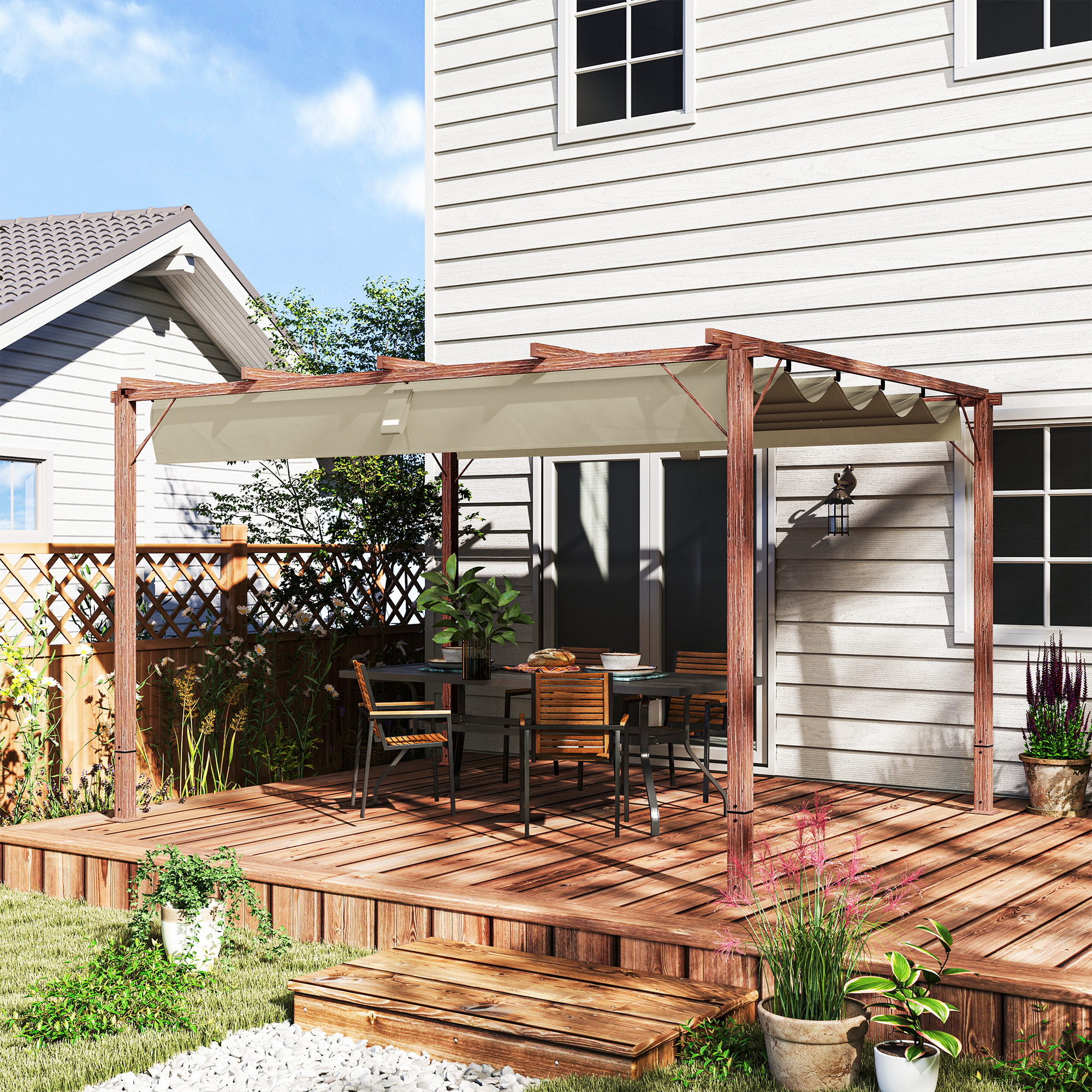 Outsunny 3 x 4 m Tuin-Pergola, Verstelbaar Terrasoverkapping, Aluminium Frame, UPF30+ Zonbescherming, Natuurhout