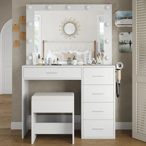 A luxurious dressing table with a power socket, 37-inch wide, equipped with a mirror and 11 LED lights, featuring 5 adjustable lighting modes, suitable for use in bedrooms and dressing rooms, in white style
