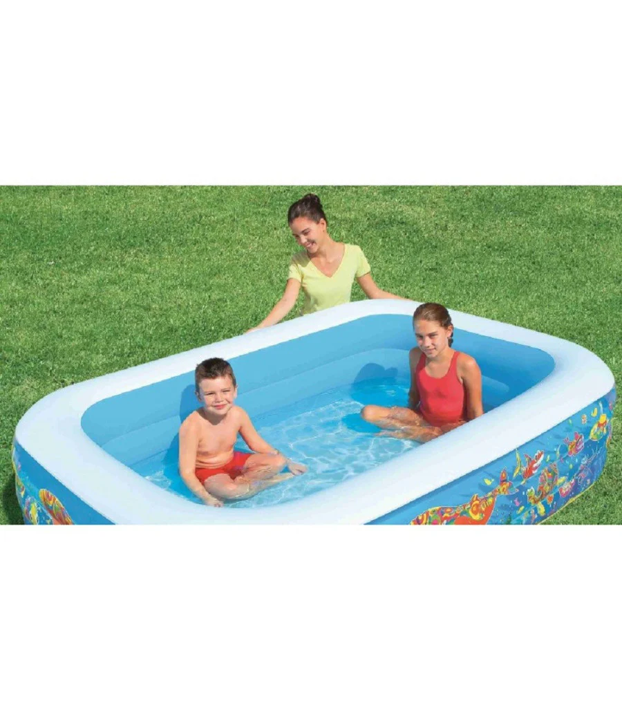 Trade Shop - Piscina Gonfiabile Family Rettangolare 3 Anelli Fantasia Pesci 229x152x56cm