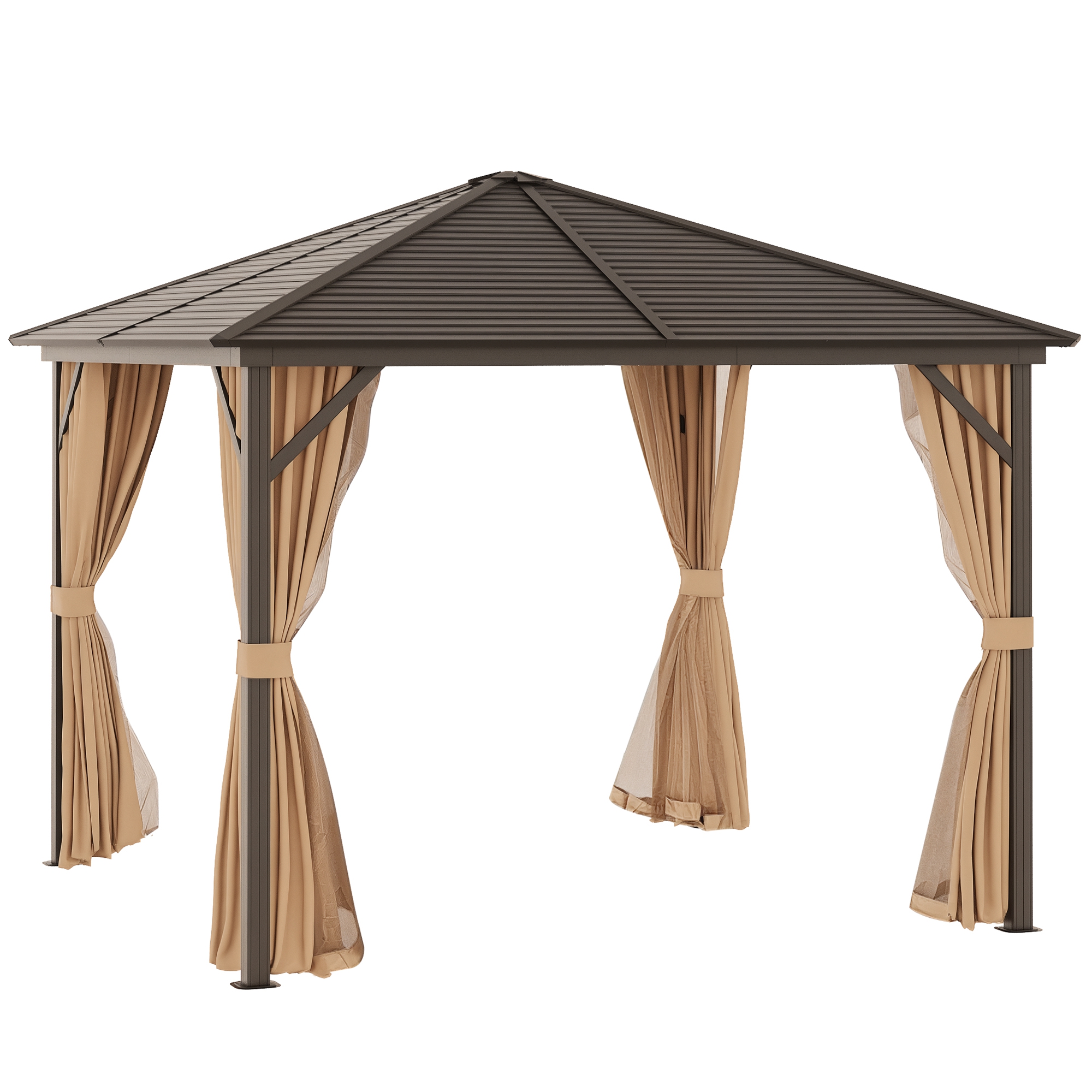 Outsunny Gartenpavillon mit Metalldach, 3 x 3 x 2,6m, 4 Vorhänge, wetterfest, Aluminium, braun