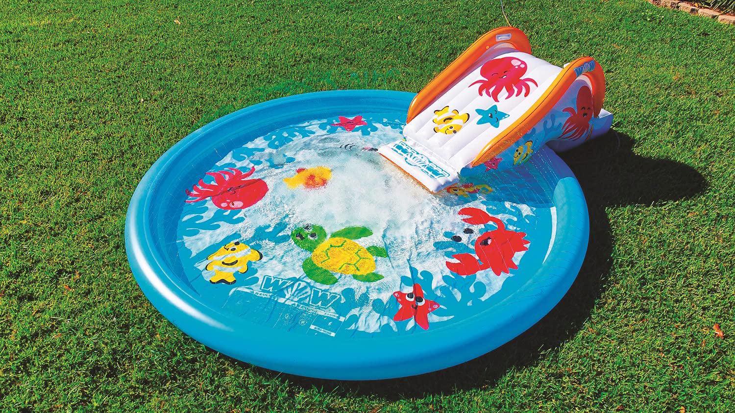 WOW Sports Giant Inflatable Splash Pad 10&prime; Ocean Animals &ndash; Durable PVC, Built in Sprinkler System, Family Wading Pool