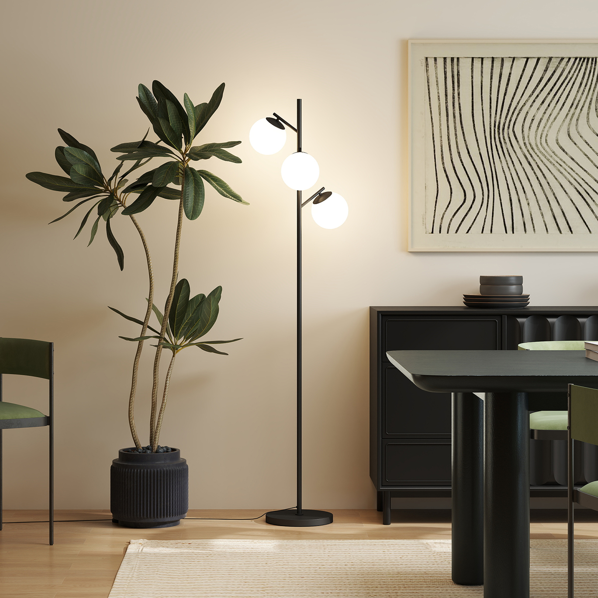 HOMCOM Stehlampe für das Wohnzimmer aus Metall mit 3 mattierten Glaskugeln 40W Ø 27 x 169 cm schwarz