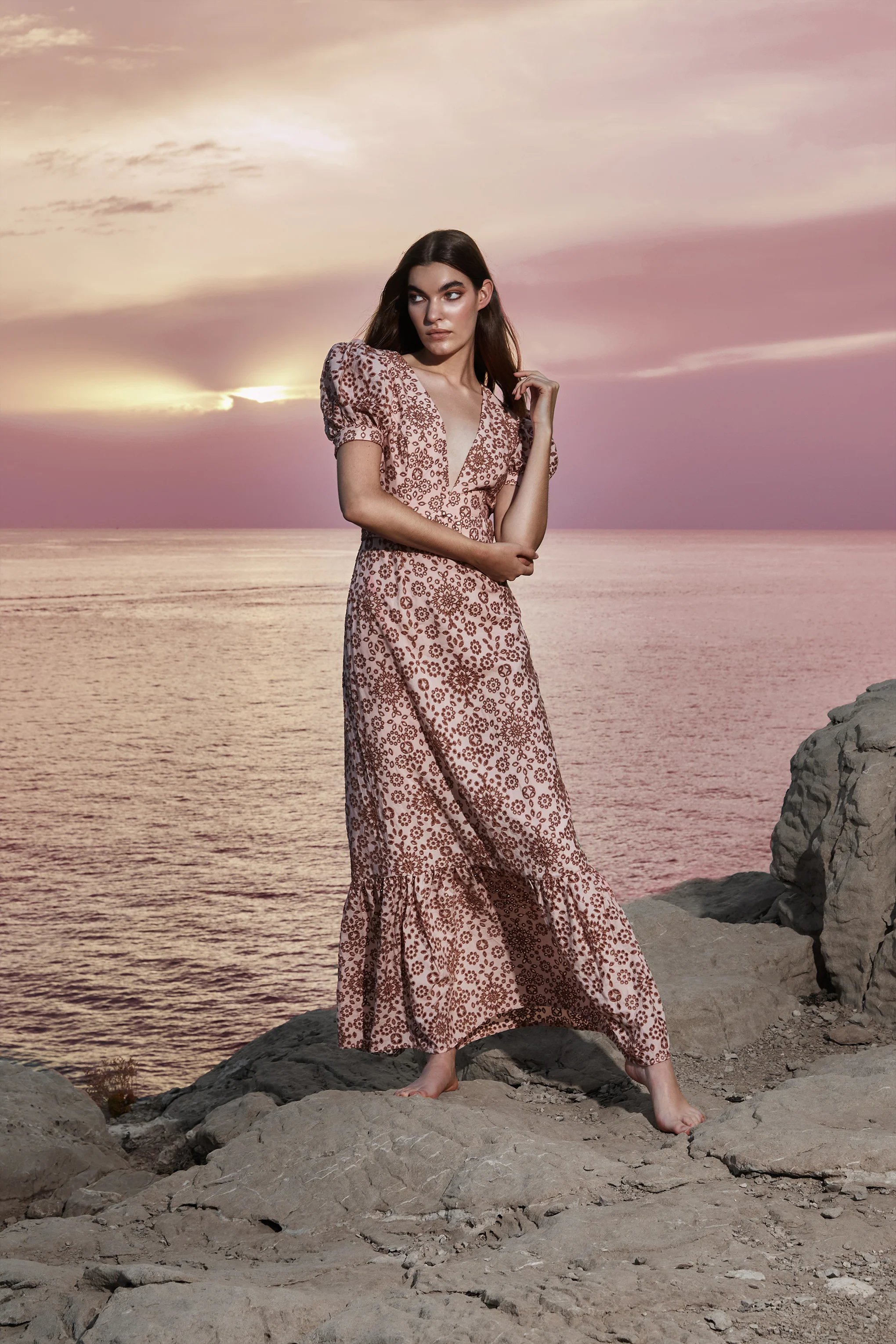 Mariana Nude Tan Broderie Anglaise Maxi-Dress