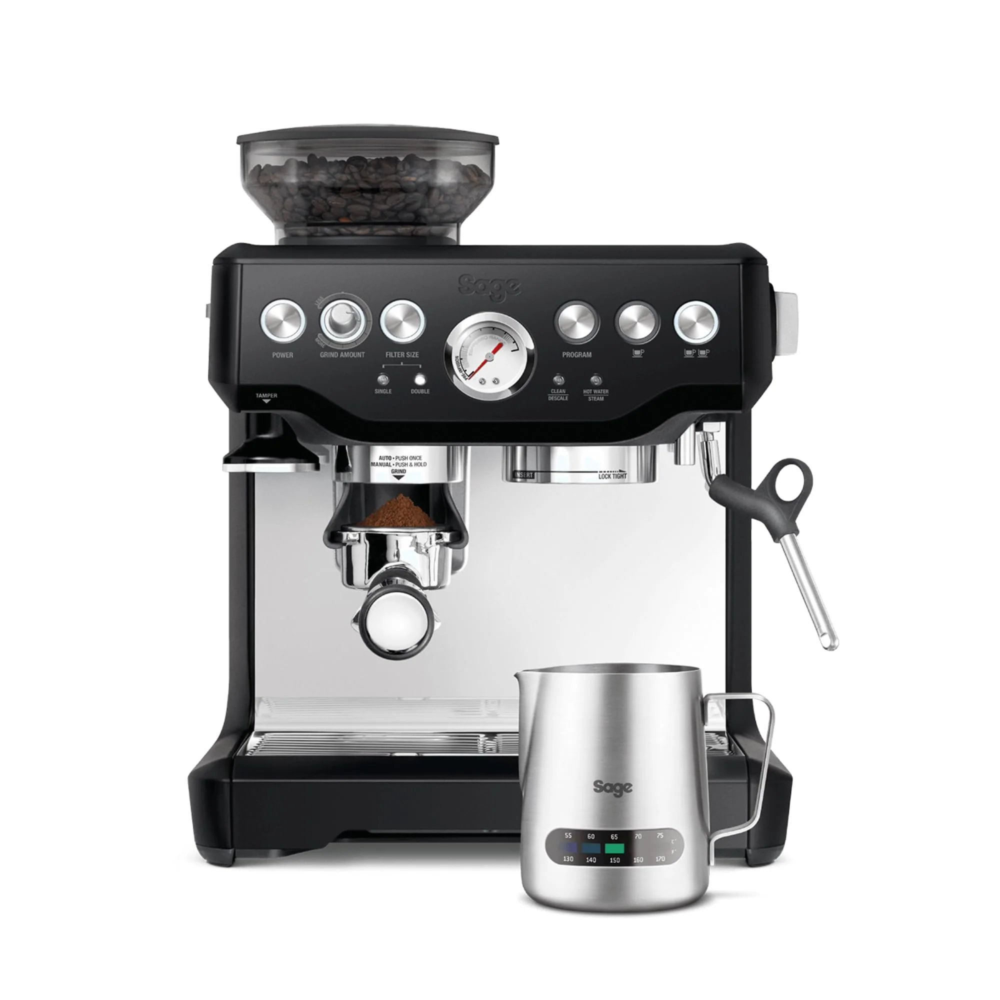 Sage - The Barista Express - Kaffeemaschine mit manuellem Milchaufschäumer & integriertem Mahlwerk - 16 Mahlgradeinstellungen, automatisches Mahlen, individueller Milchschaum - Gebürsteter Edelstahl