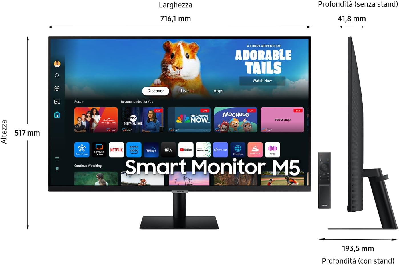 Smart Monitor M5 (S32DM502), Flat 32'', 1920x1080 (Full HD), Smart Hub con app di streaming, Office 365, Gaming Hub, Speaker integrati, Telecomando, WiFi, HDMI, USB