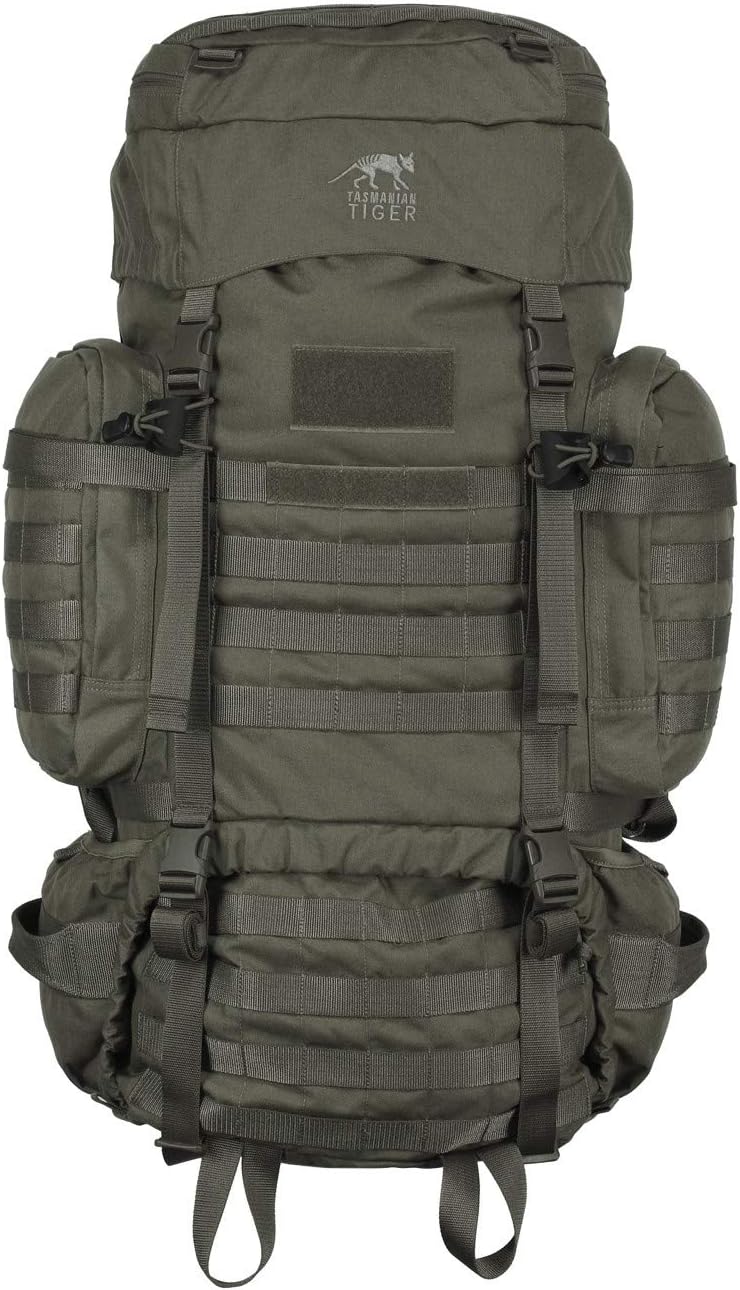 TACWRK x Tasmanian Tiger TT Raid Pack MK3 Oliv mit gratis Bushcraft Patch - 52L Militär Outdoor Rucksack mit abnehmbarem Hüftgurt, Molle System kompatibel und Trinksystem-Vorbereitung