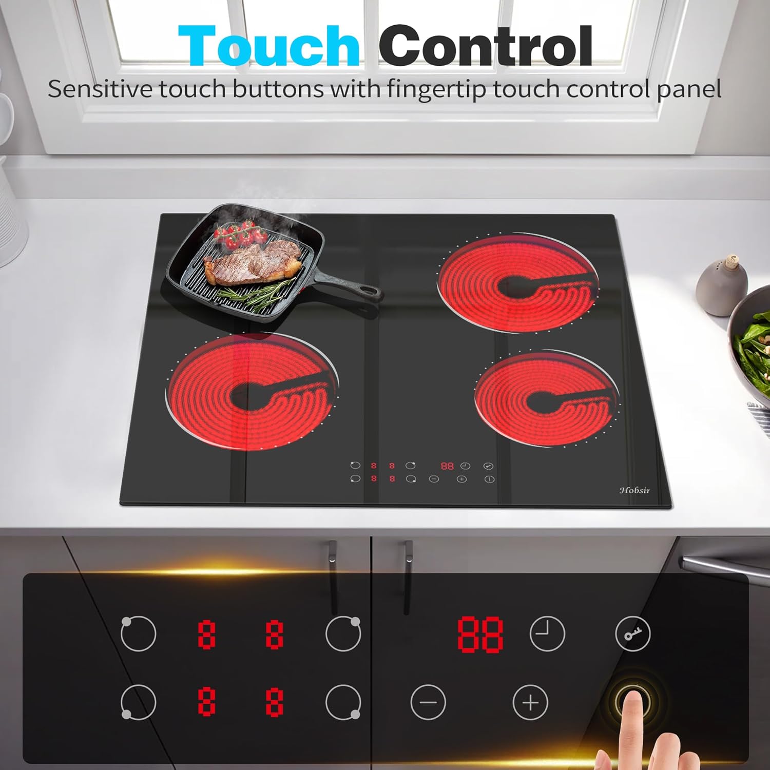 Glaskeramikkochfeld 4 Zonen Kochfelder Sensor-touch Control Kochfeld Autark 60cm, 6000W, 9 Leistungsstufe, verkabelt, kein Stecker