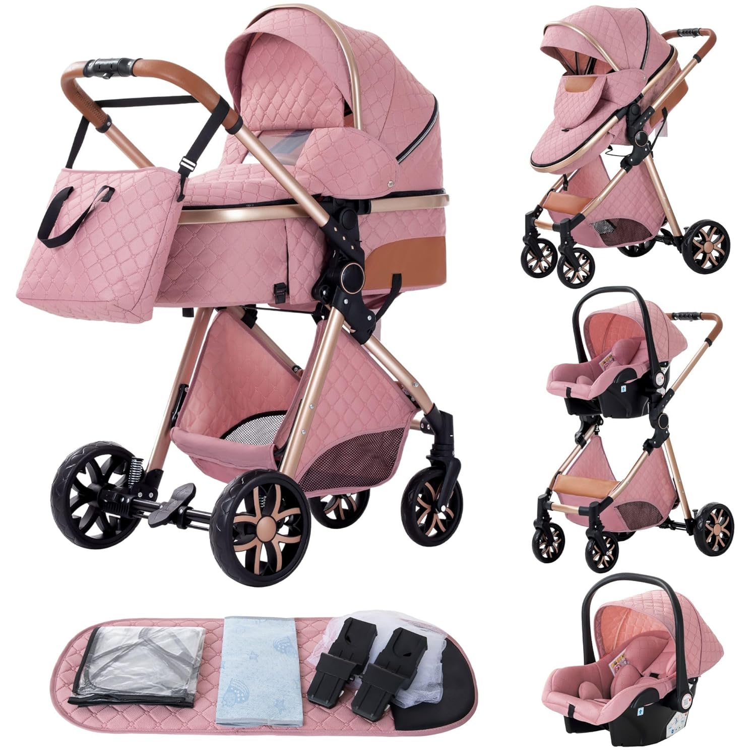 YAZOCO kinderwagen 3 in 1 Buggy Babybett Komplett Set Einem Klick Zusammenklappbarer Kinderwagen, KombiKinderwagen Aluminiumrahmen für Neugeborene Sitzzubehör (1 schwarz)