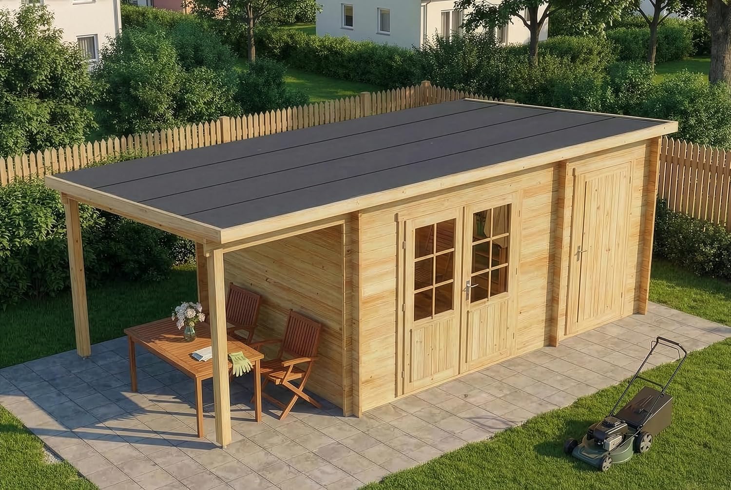 Alpholz Gartenhaus Maria mit Anbau & Schleppdach aus naturbelassenem Holz mit 40mm Wandstärke 598 x 272 cm