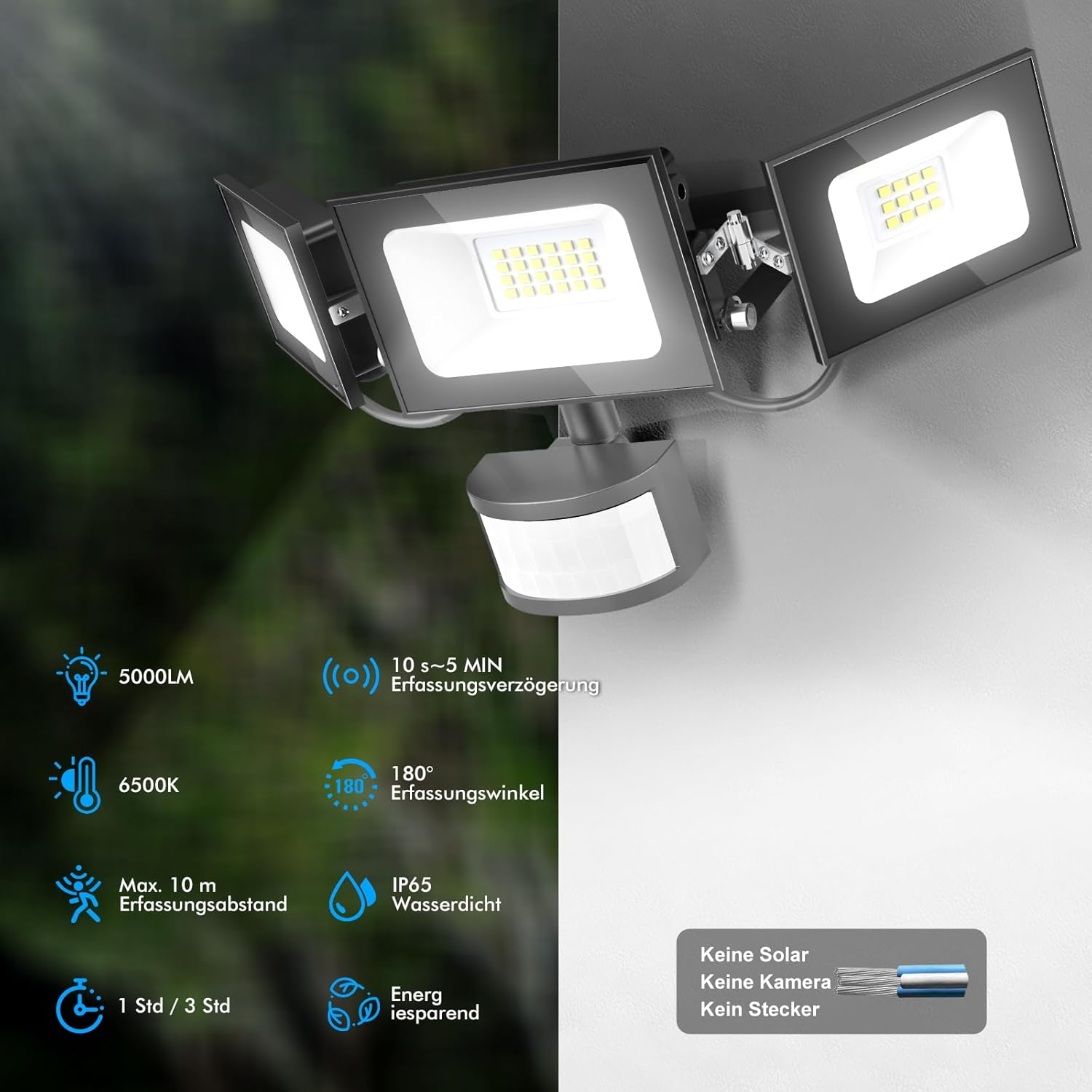 LED Strahler mit Bewegungsmelder 50W, 5000LM Fluter Flutlicht Scheinwerfer, 6500K Kaltweiß Flutlichtstrahler, IP65 Wasserdicht Außen-Sicherheitsbeleuchtung für Garten Garage Hof Wand,10Stück