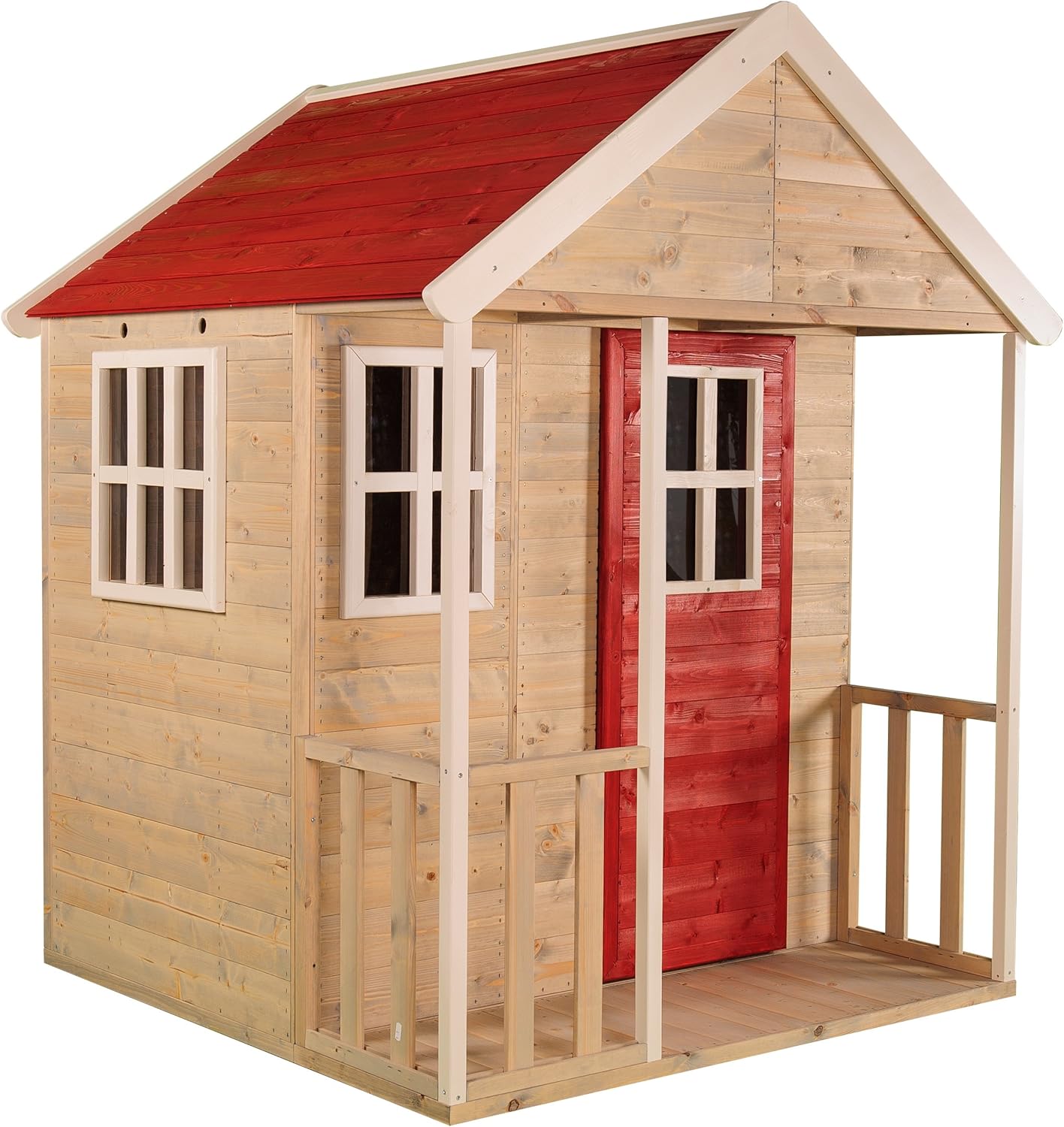 M6 Kinder Spielhaus Holz Outdoor, Gartenhaus für Kinder FSC Holz, 120×120×155 cm, mit Kunststofffenstern, Veranda, Regal, Tür, Kinderspielhaus für Garten, wetterfest, Rot