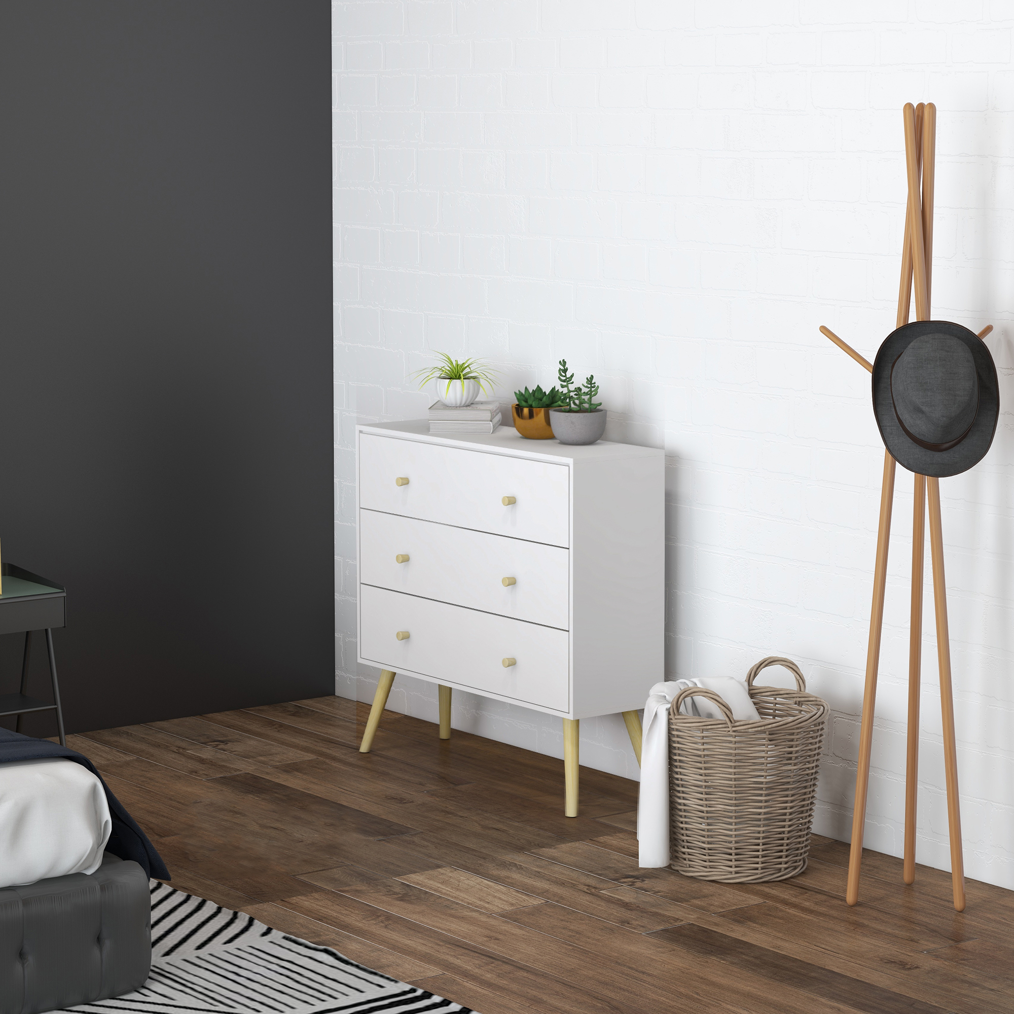 HOMCOM Kommode 3 Schubladen skandinavisches Design schmale abgeschrägte Beine Holz Kiefer Spanplatten Weiß 80 x 30 x 80 cm weiß